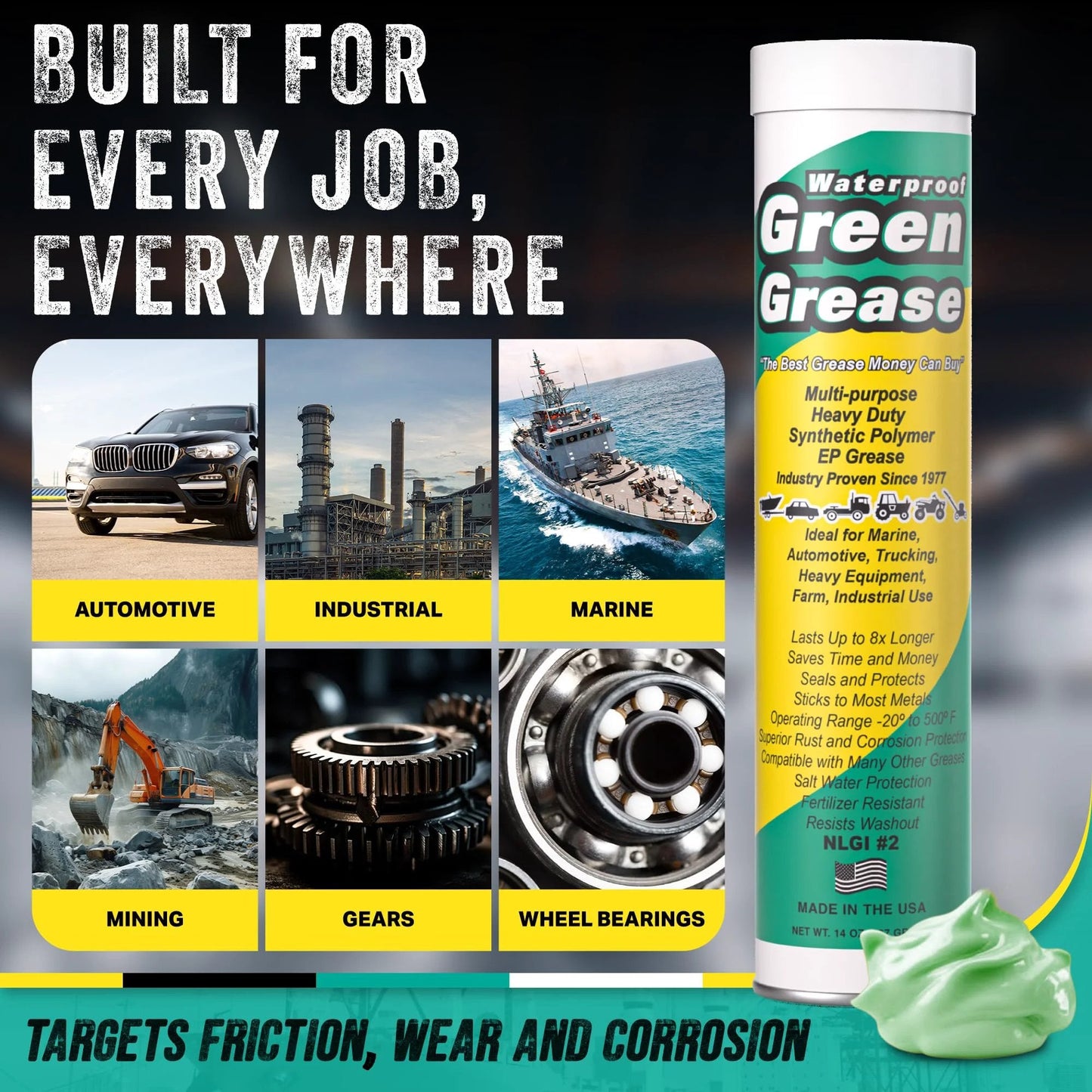 Image of All Purpose Heavy Duty Green Grease Tube 14 Ounce NLGI 2 High Temperature Waterproof Marine Grade Rust Resistant Wheel Bearing Lubricant with industrial and automotive applications.