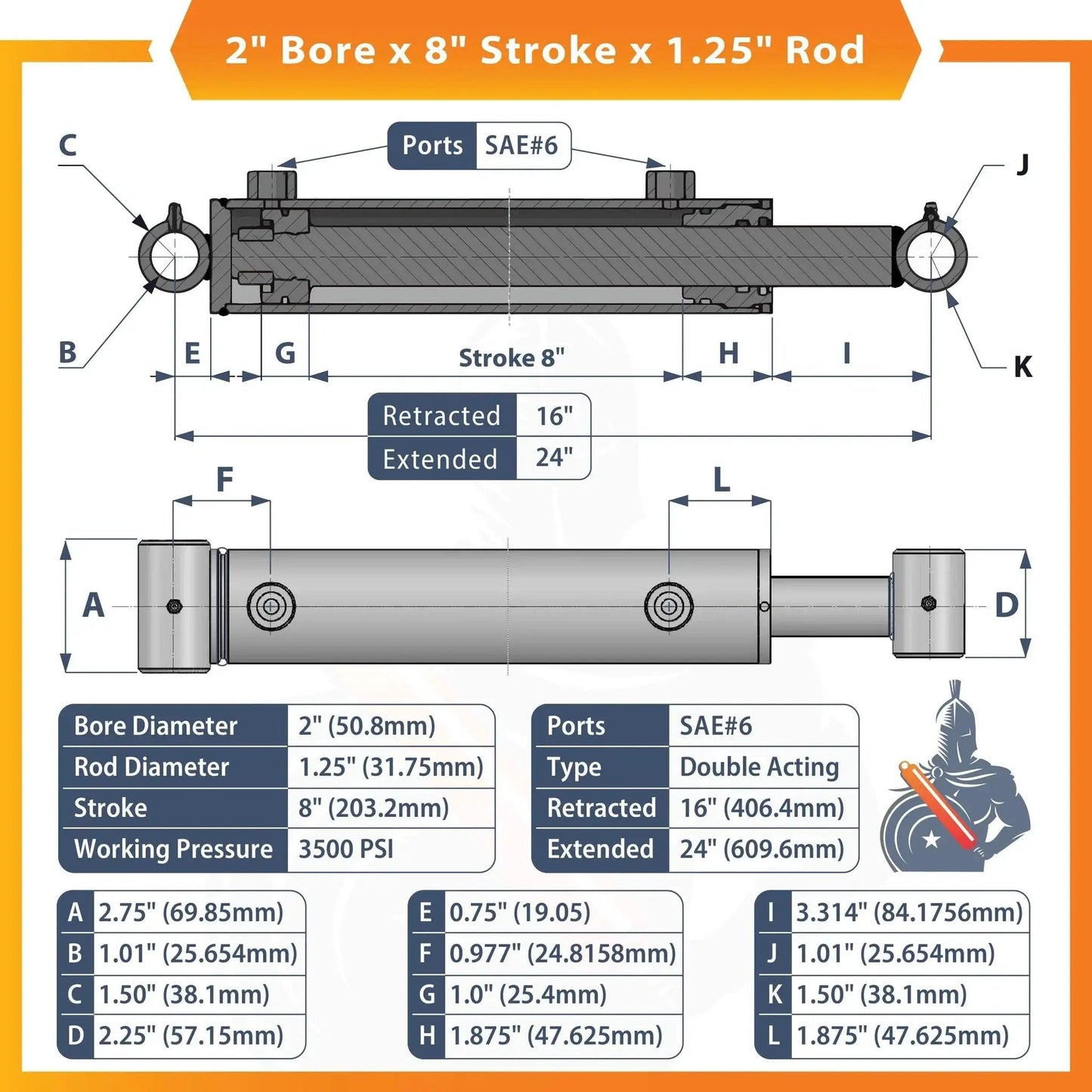 Diagram of 2 Inch Bore 8 Inch Stroke Hydraulic Cylinder Double Acting Welded SAE 6 Ports with detailed dimensions and specifications