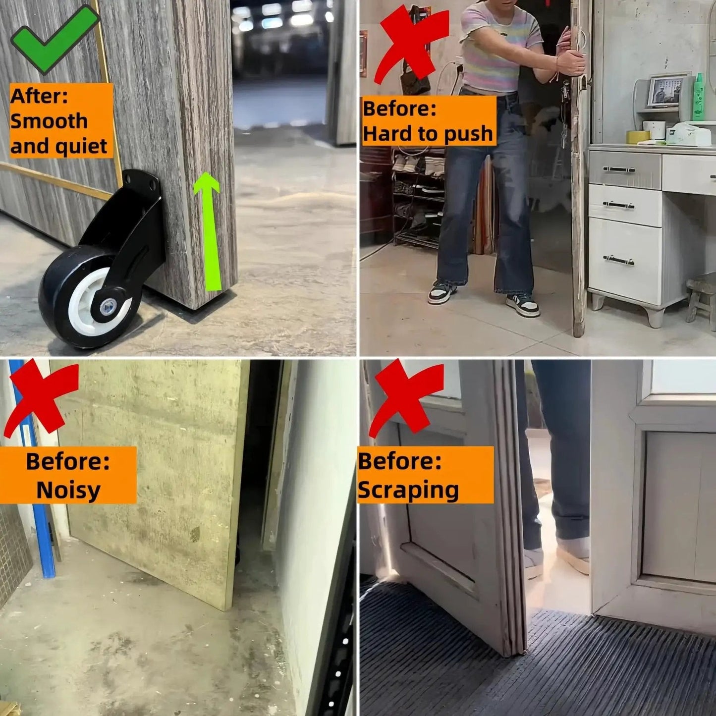 4-Pack 2-Inch Gate Wheels With Vertical Mount Anti-Sag Support For Dropping Wooden Doors And Furniture, shown before and after use.