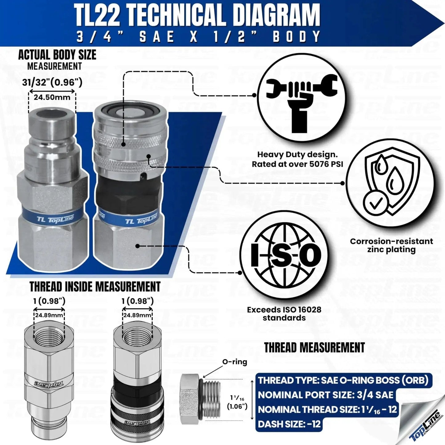 Technical diagram of Flat Face Hydraulic Quick Connect Coupler Set For Skid Steer Bobcat Attachments One Half Inch Body With Three Quarter Inch SAE O Ring Boss Thread ISO 16028 Heavy Duty TL22 Blue Dust Caps showing dimensions and specifications.