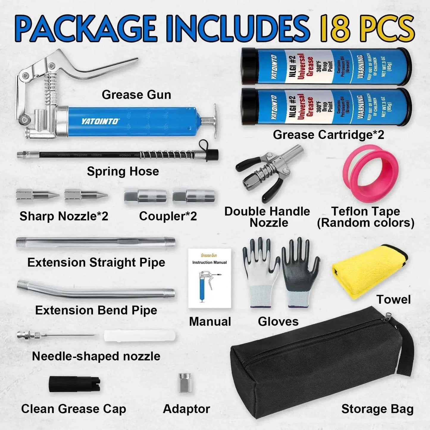 All-In-One Mini Grease Gun Kit With 3oz Cartridges, 12-Inch Hose, 3000 PSI Leak-Proof, Universal NLGI Grade 2 Grease Compatible, 18-Piece Accessory Set displayed including grease gun, cartridges, hose, and accessories.