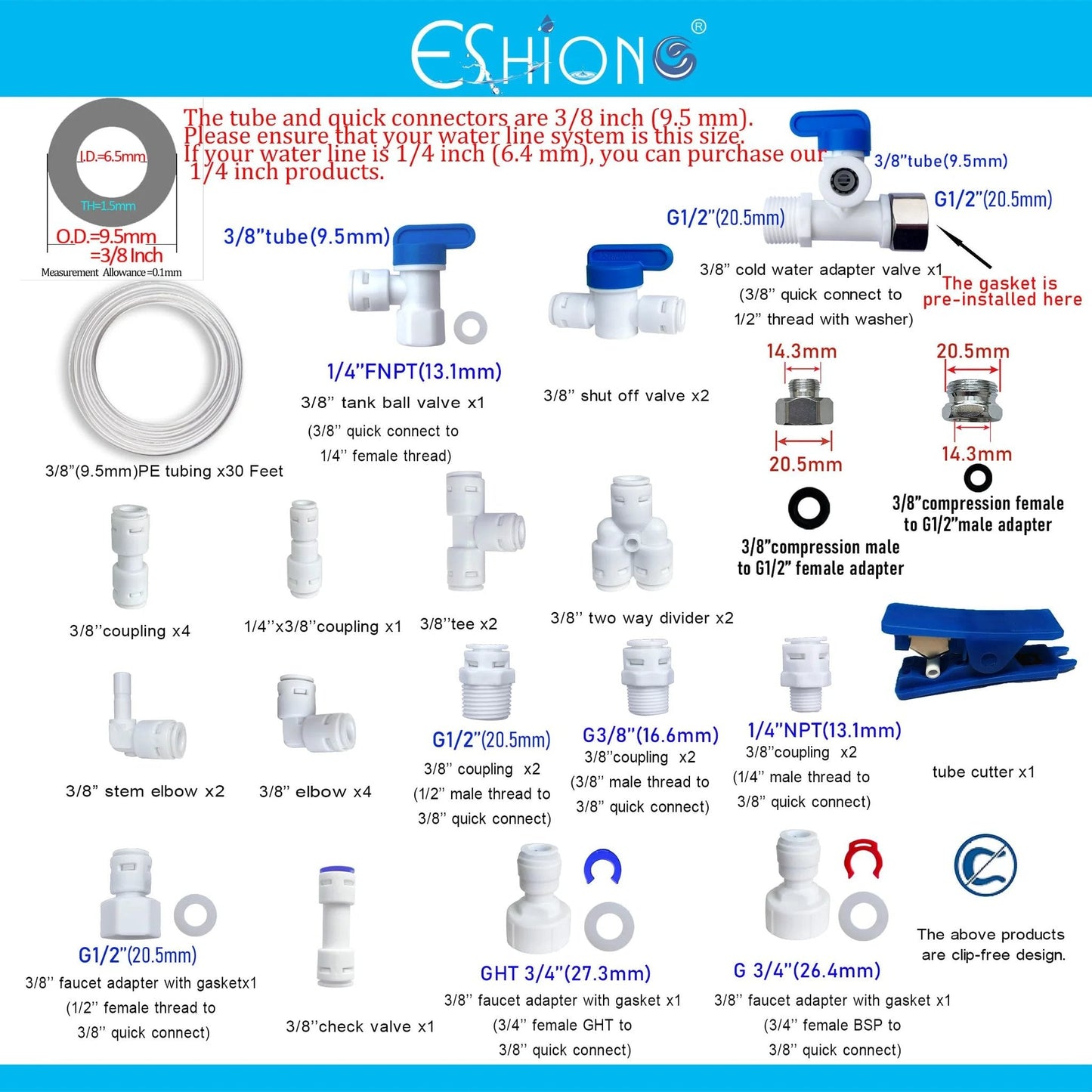 Diagram of Push To Connect Fittings For RO System With Three Eighths Inch Tubing Kit Including Thirty Fittings And Thirty Feet Of Food Grade POM Tubing NSF Certified BPA Free TUV SGS Approved Easy Install