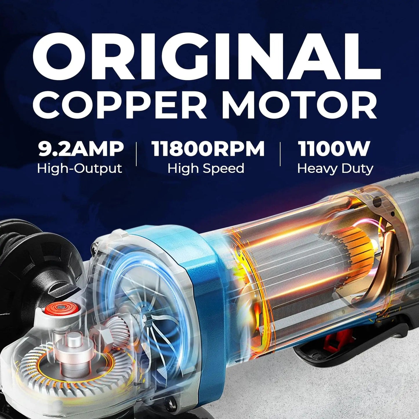 Beast Power 9.2 Amp Corded Angle Grinder 4 And A Half Inch 11800 RPM with tool free guard paddle switch lightweight shockproof handle highlighting internal copper motor and specifications.