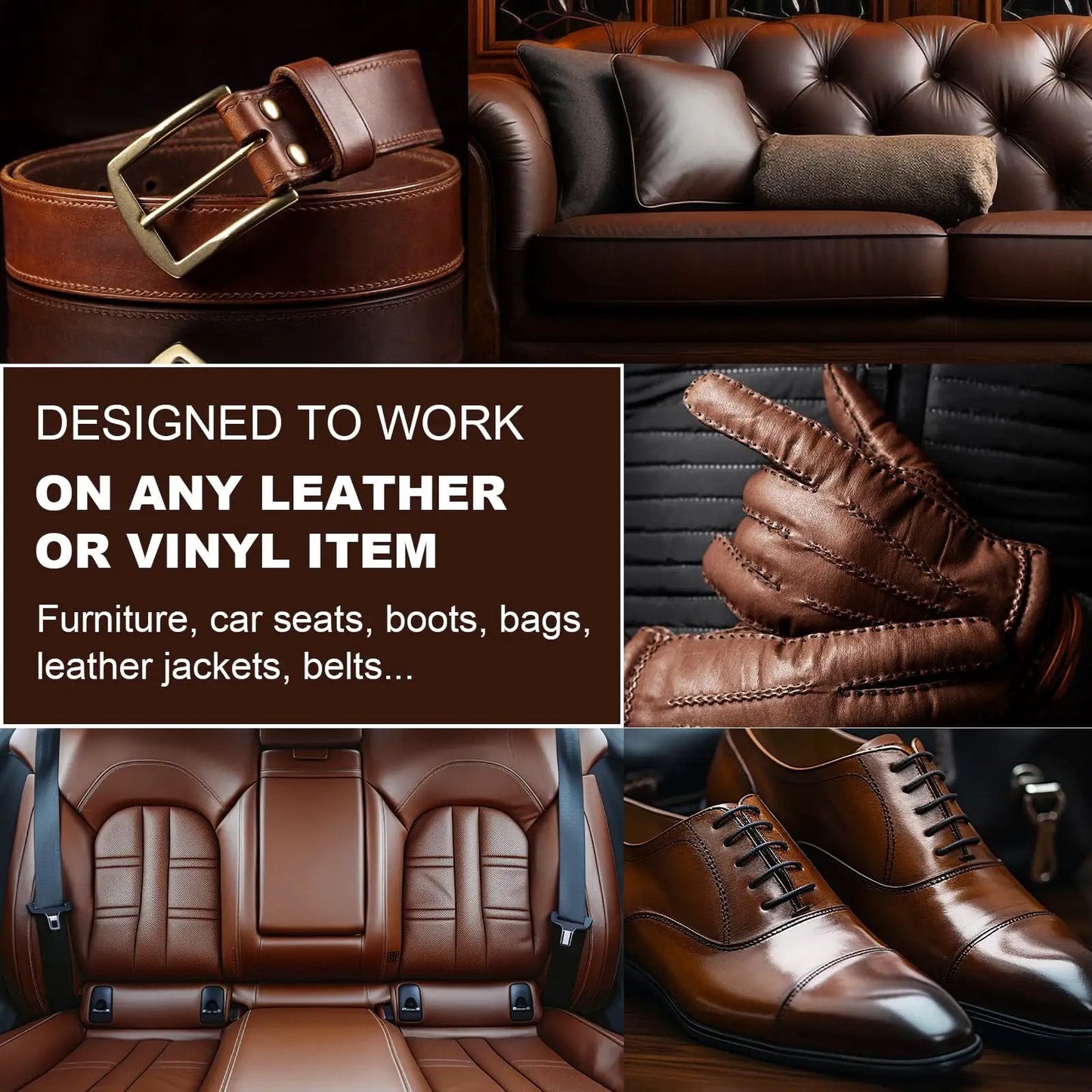 Leather Recoloring Balm For Dark Brown Furniture Repair Kit visible on couches, car seats, gloves, shoes and belt for restoration.