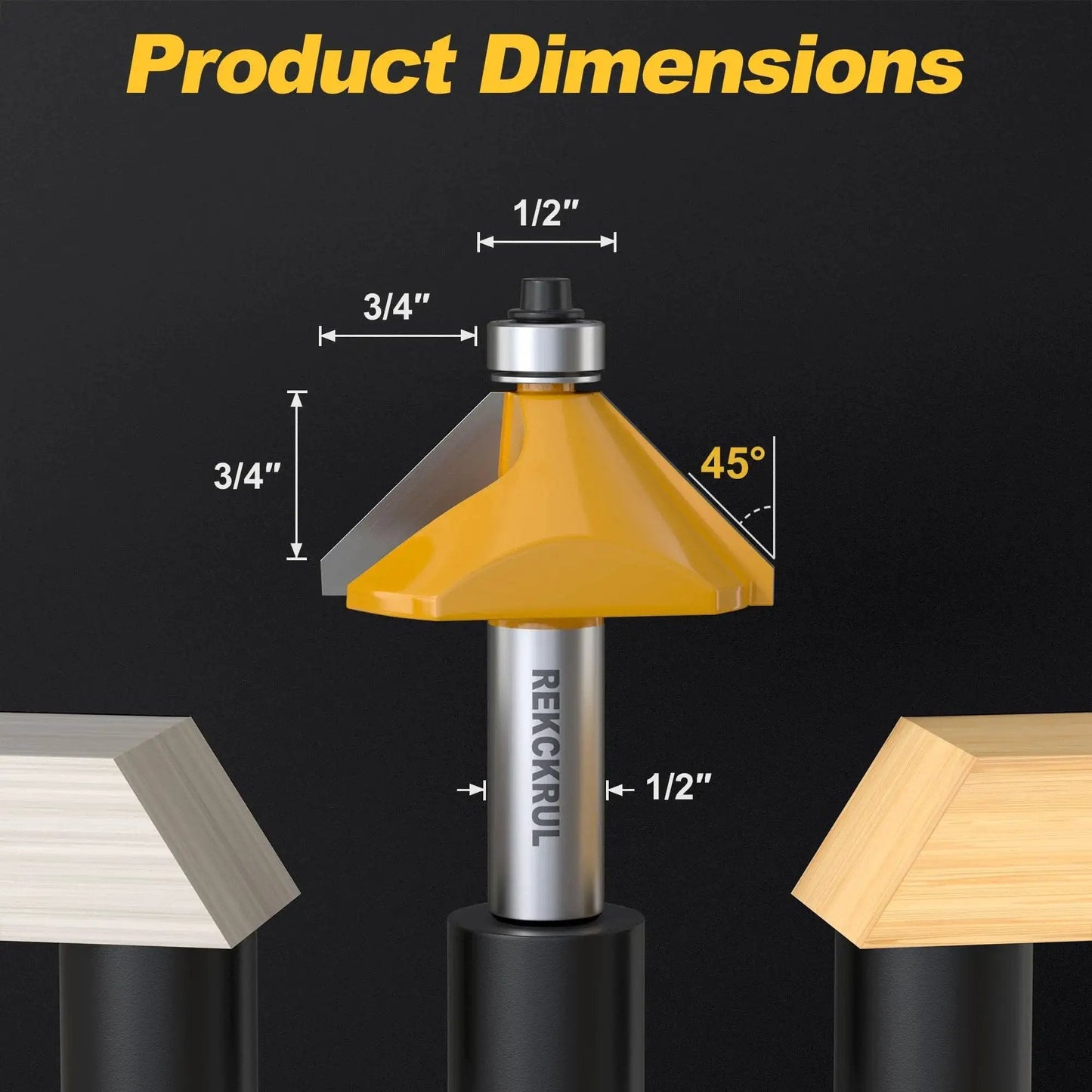 45 Degree Chamfer Router Bit With Bearing, Half Inch Shank, Three Quarter Inch Cutting Length, Carbide Tipped Woodworking Bit
