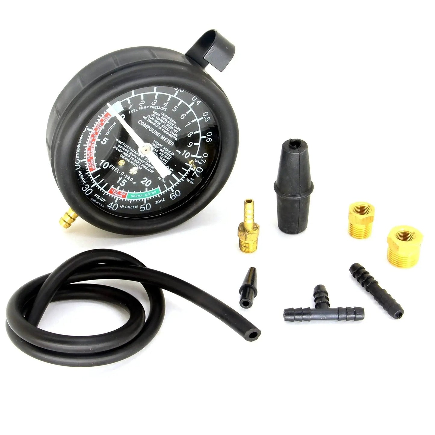 Fuel Pump Pressure Tester Kit With Vacuum Gauge For Carburetor Valve Adjustment with accessories; dial gauge, hose, adapters.