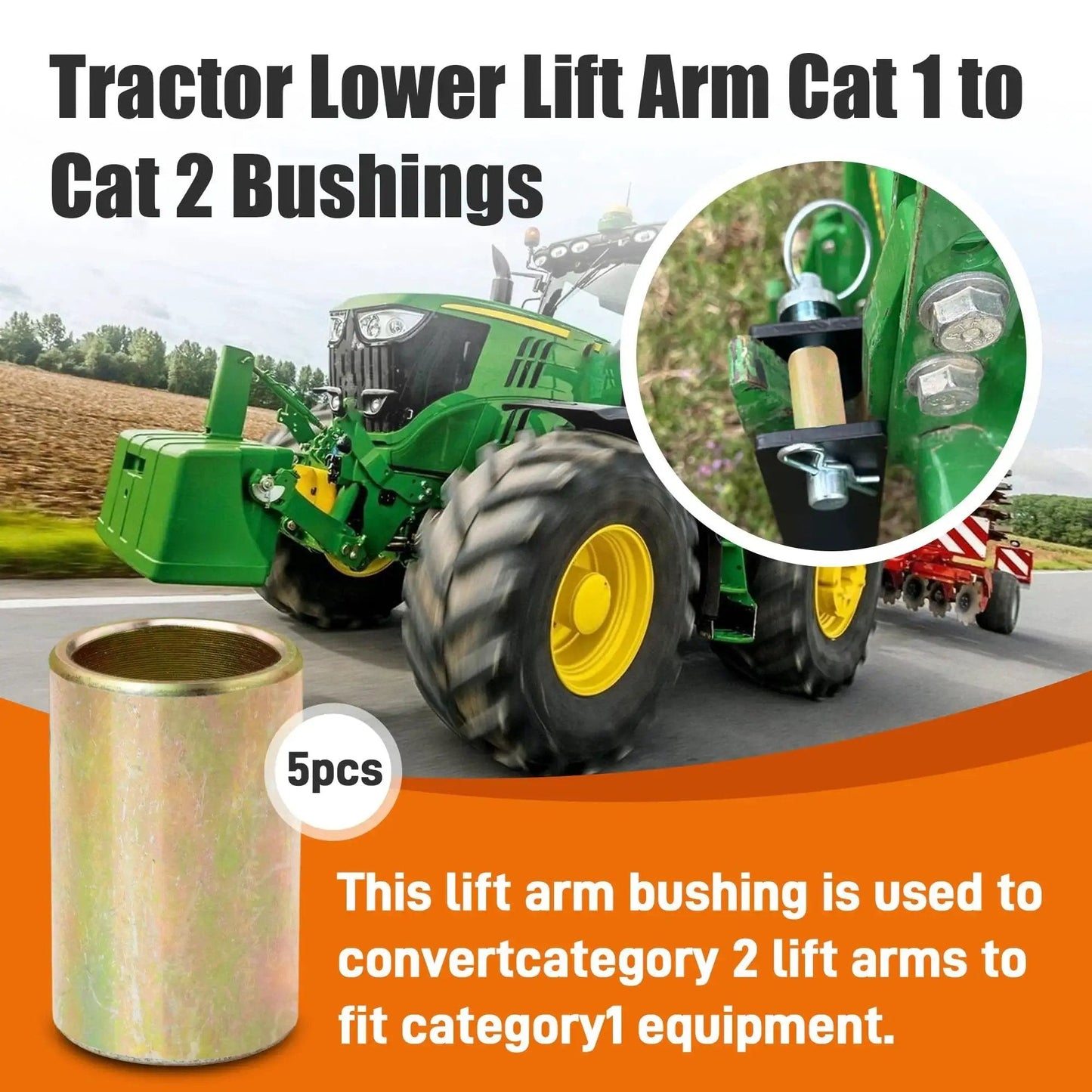 Universal Quick Hitch Lower Lift Arm Bushing Kit For Cat I To Cat II Systems with installed tractor view