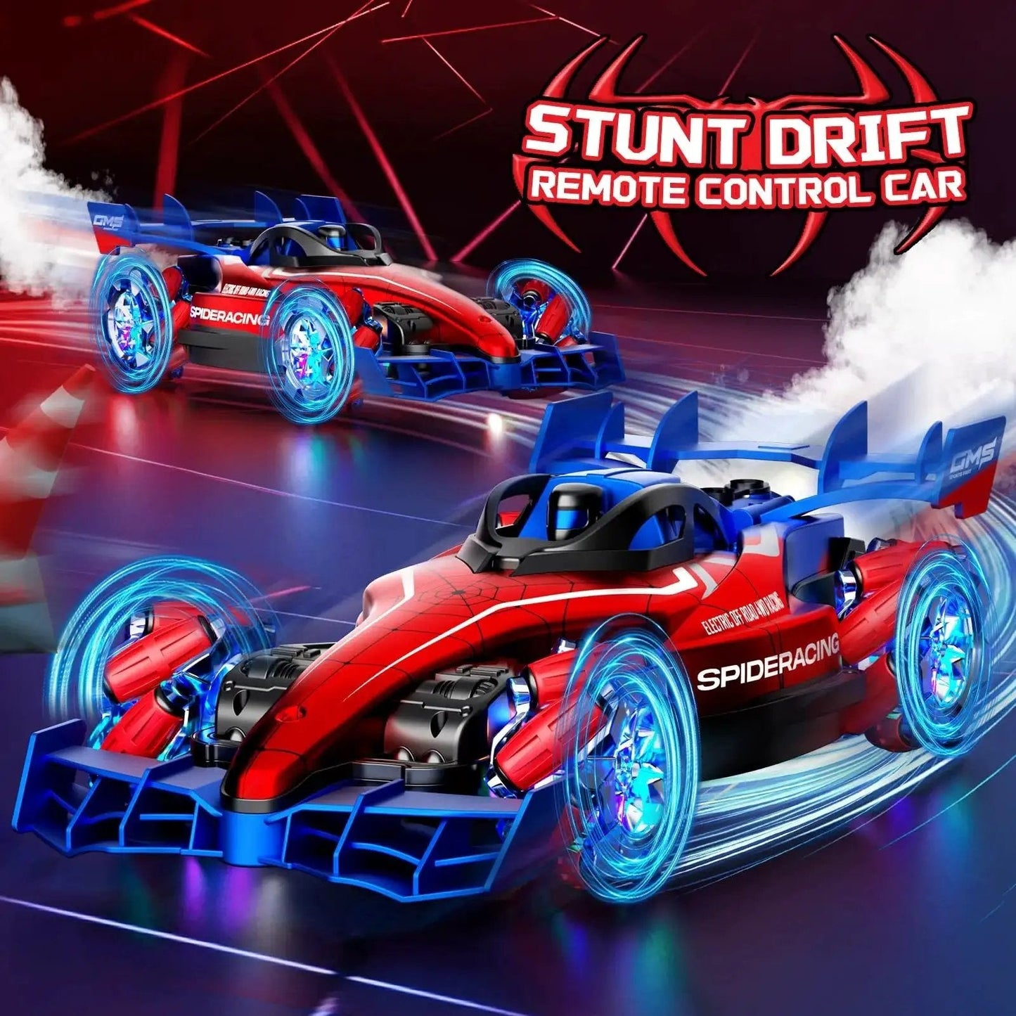 Stunt Drift Remote Control Car with neon wheels displaying speed and agility, ideal for all-terrain 360 spin tricks and stunts.