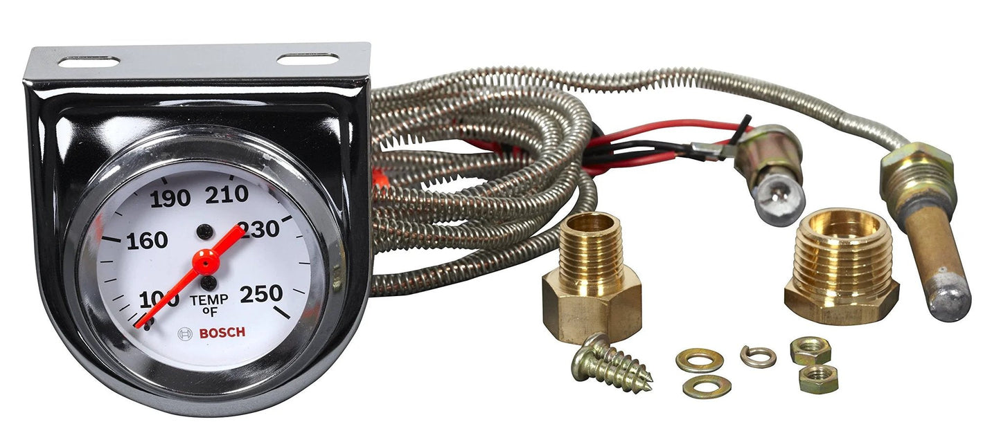 Style Line 2 Inch Mechanical Water And Oil Temperature Gauge For Dash Use With White Dial And Chrome Bezel, 270 Degree Sweep, 12V Backlighting, 100 To 250F Range, Fits 2 1/16 Inch Openings, Includes Mounting Hardware Bosch