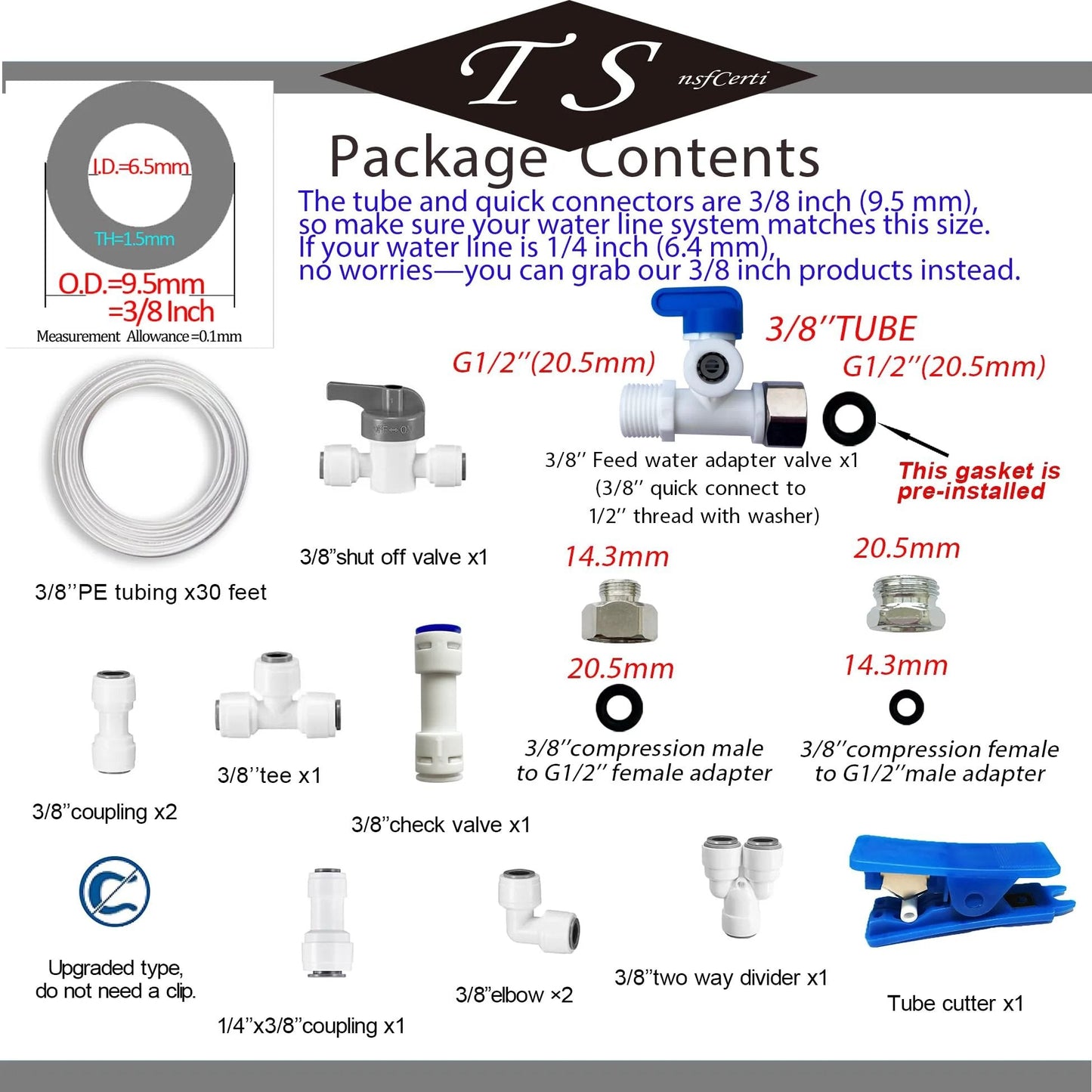 NSF Certified Three Eighths Inch Water Line Tubing With Push To Connect Fittings For Reverse Osmosis Systems 11 Connectors And 30 Feet Of Three Eighths Inch OD BPA Free POM Tubing Feed Water Adapter Kit For Safe Pro Grade RO Setup contents overview.
