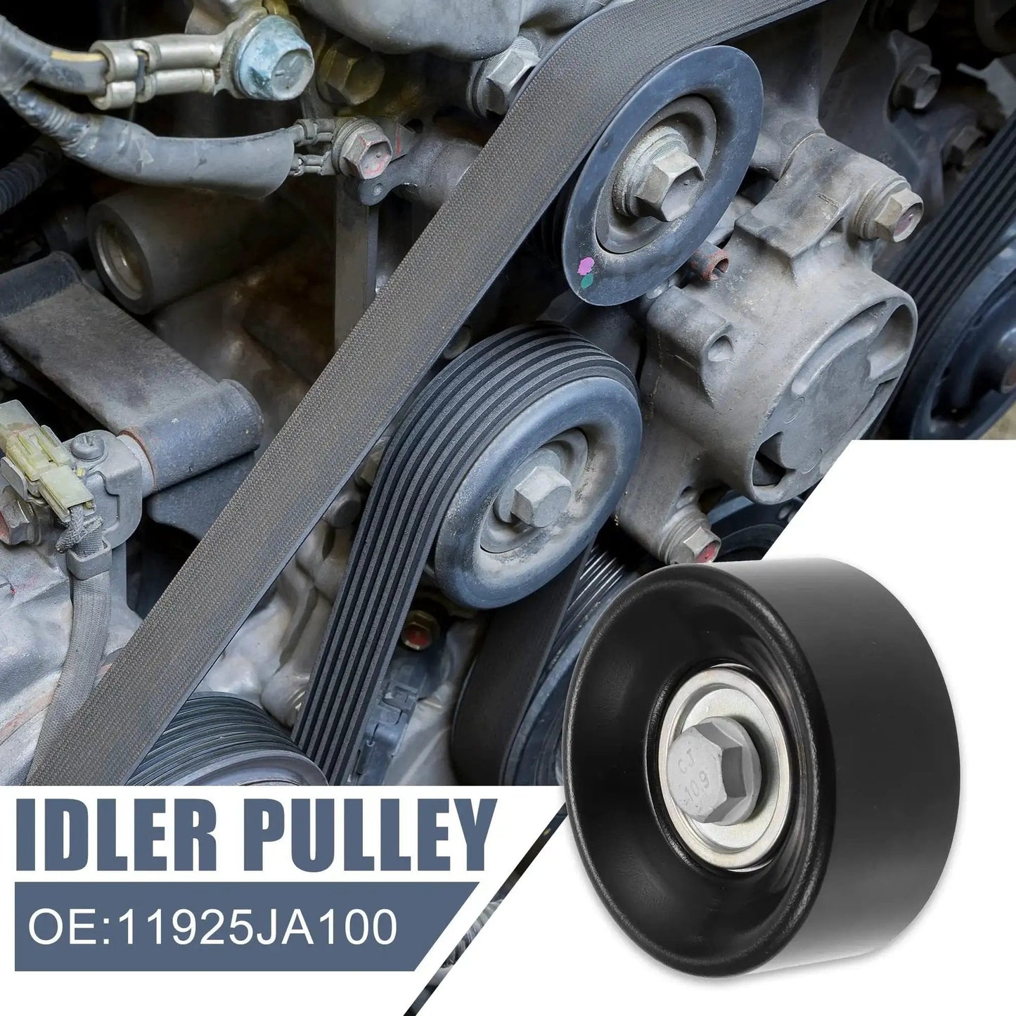Drive Belt Idler Pulley For Nissan Altima 2007 2012 And Murano 2009 2014 V6 3.5L Replace 11925JA100 installed and side view