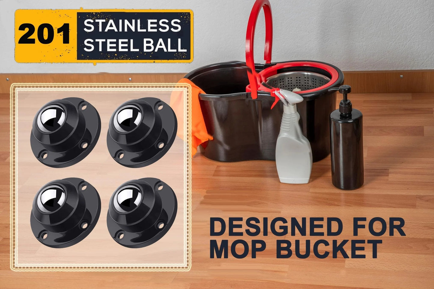 Anti Rust Stainless Steel Self Adhesive Caster Wheels Set 8 Pack For Mop Buckets, 28 Lb Load Per Wheel, Visible Packaging