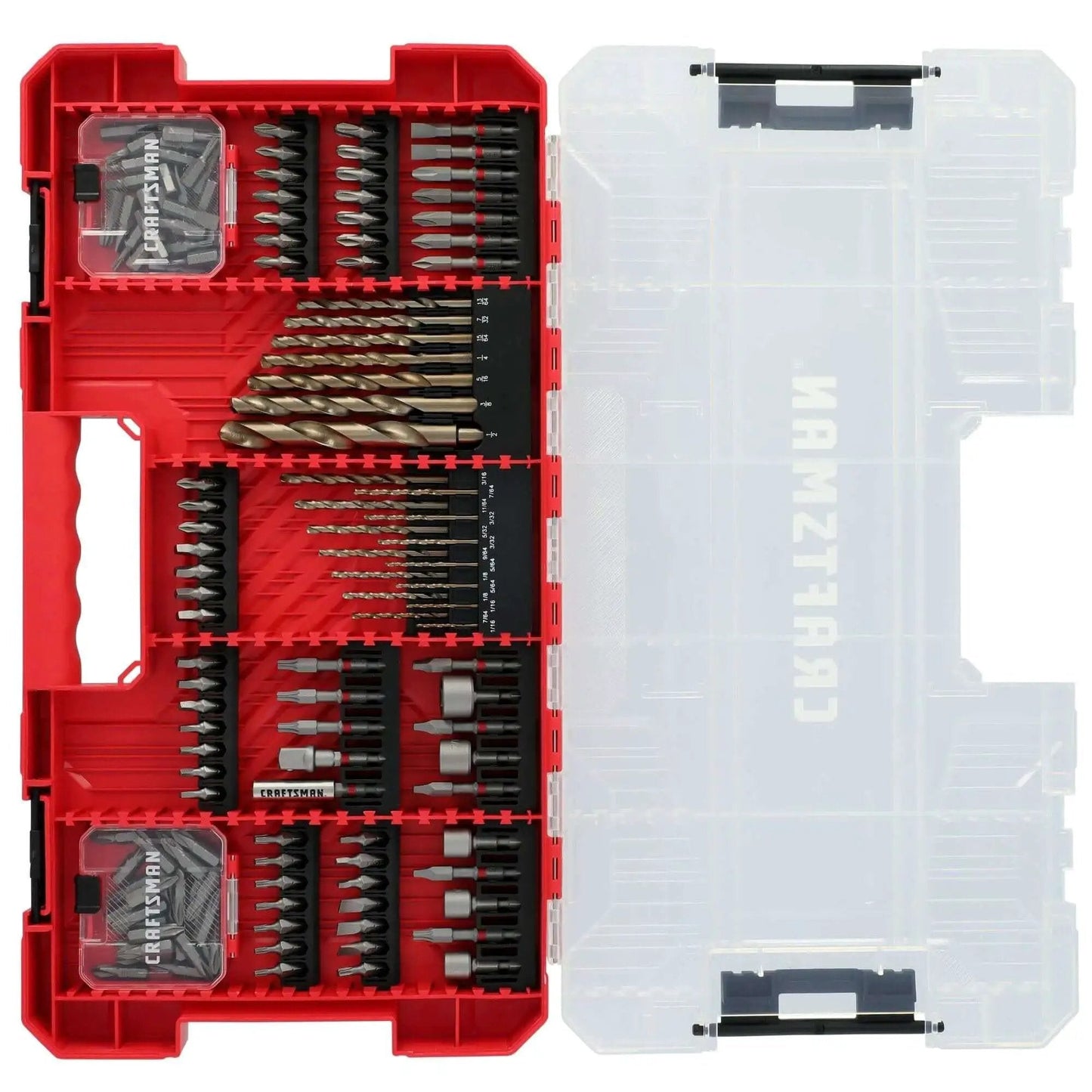Heavy Duty Impact Driver Bit Set With Black Oxide Coated Steel Bits And Precision Machined Tips 140 Piece Four Bit Ranges For Drill And Drive Shock Resistant Construction From Craftsman displayed in open organizer