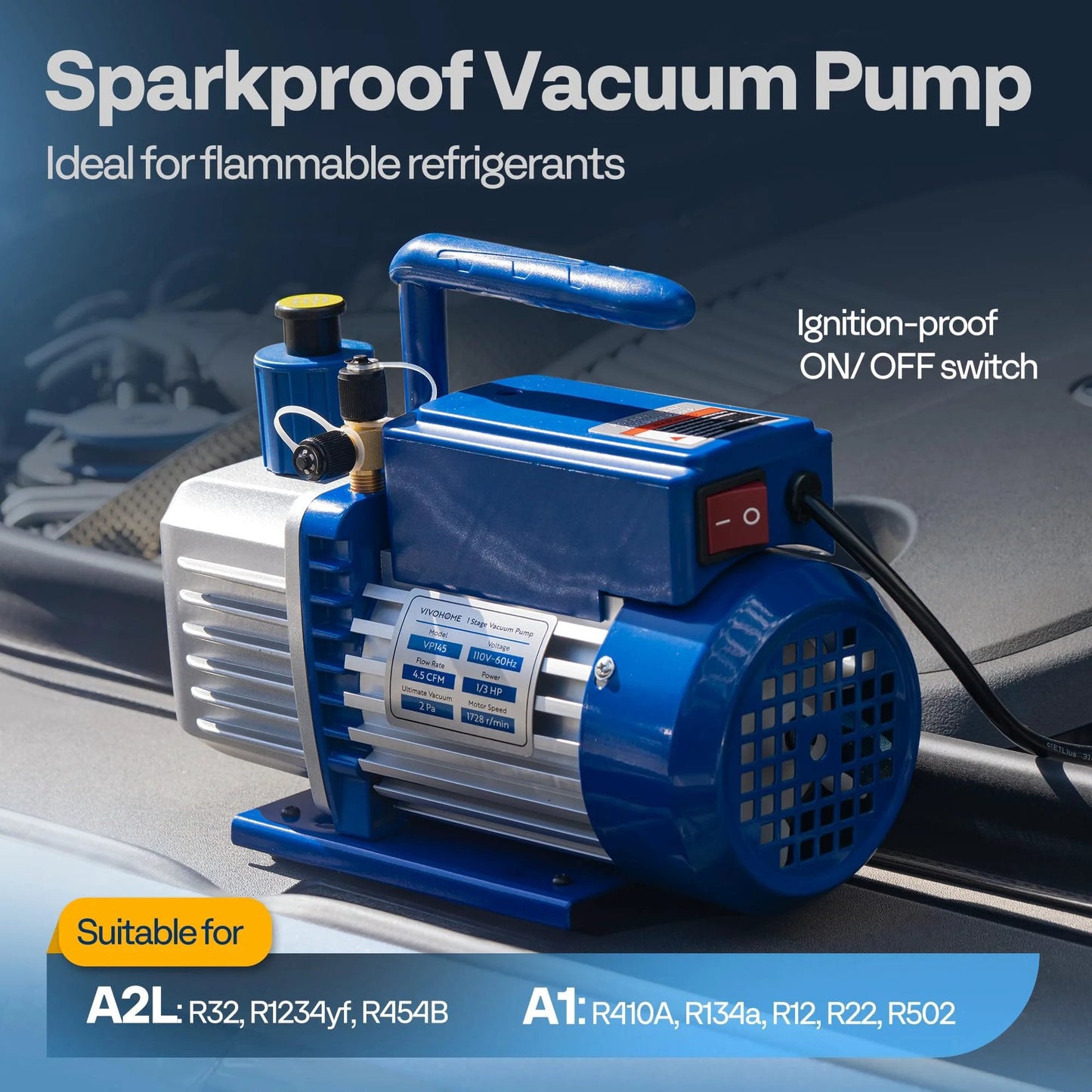Front view of Sparkless One Third HP HVAC Vacuum Pump With 4.5 CFM And Sparkproof Auto On Off Switch for refrigeration maintenance