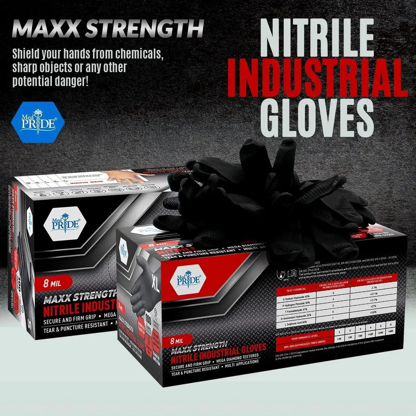 8 Mil Powder Free Nitrile Diamond Textured Gloves Heavy Duty XL 100 Pack boxes with gloves displayed