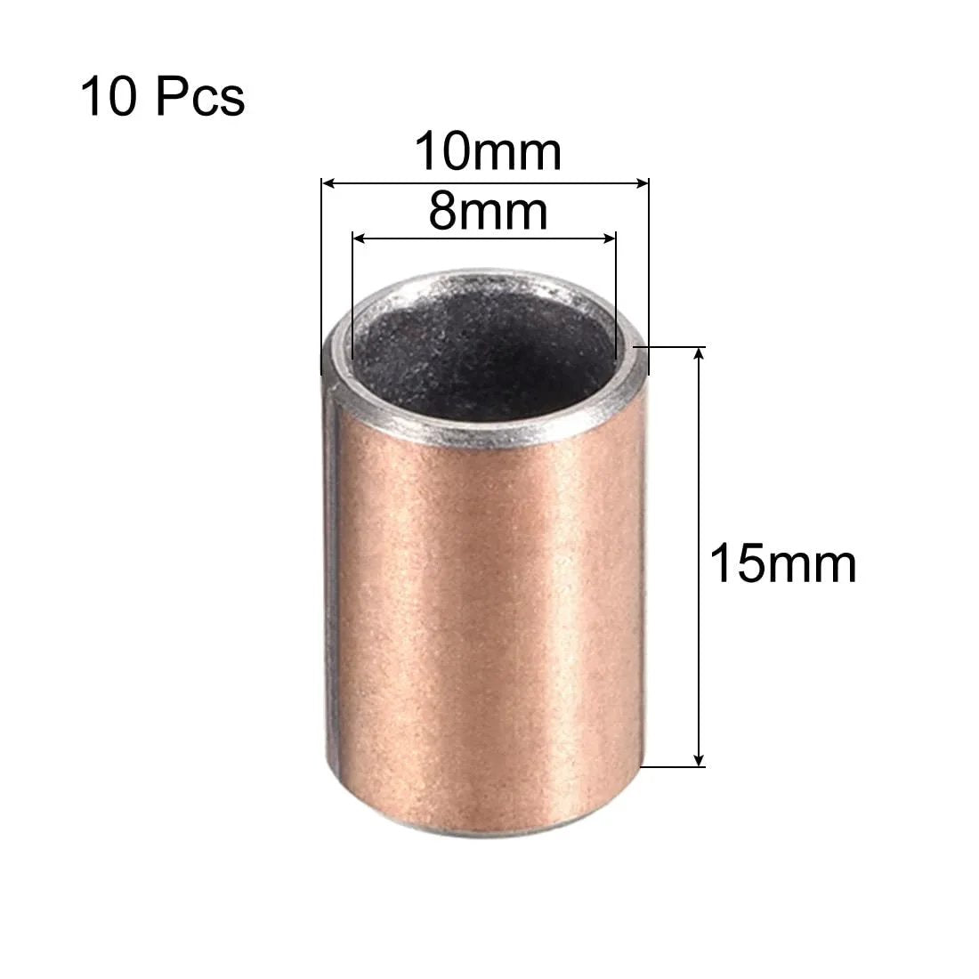 8mm Bore Sleeve Bearing 10mm Outside Diameter 15mm Length Oilless Bronze Sintered And Composite Coated Carbon Steel Base 10 Pieces