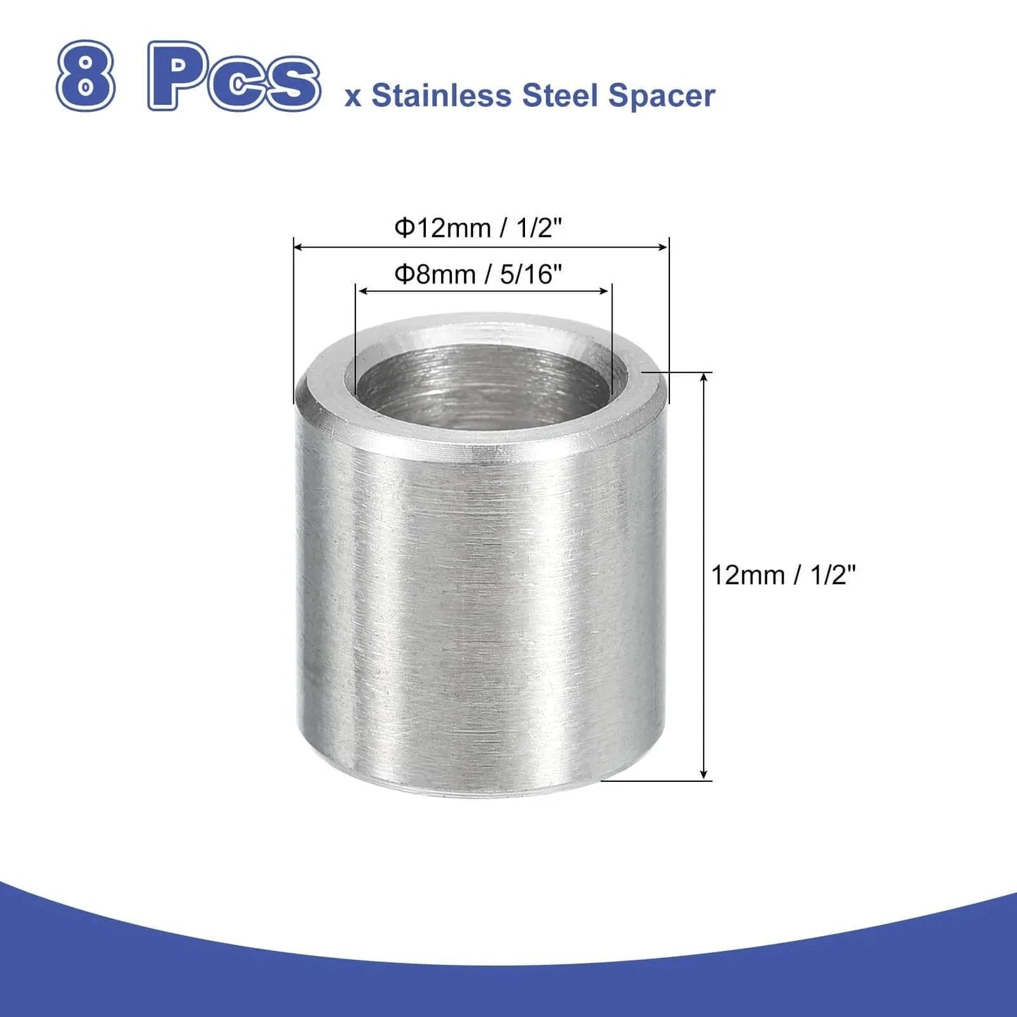 8 Pieces 304 Stainless Steel Spacer 8mm ID x 12mm OD x 12mm Length Unthreaded Round Metal Standoff Bushing Plain Finish
