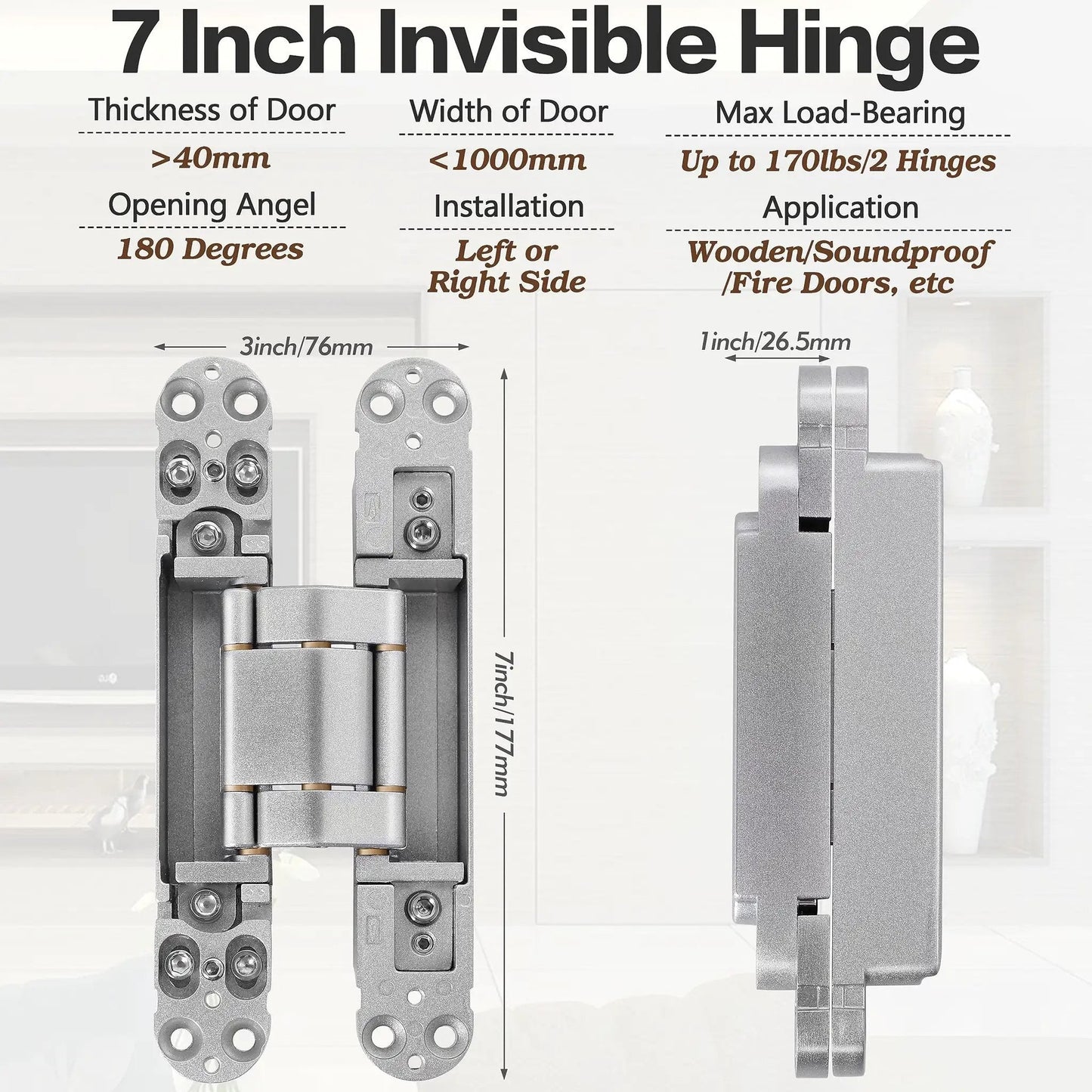 Diagram of 7 inch invisible hinge showing dimensions and installation for hidden door hinges 7 inch stainless steel concealed hinges for doors.
