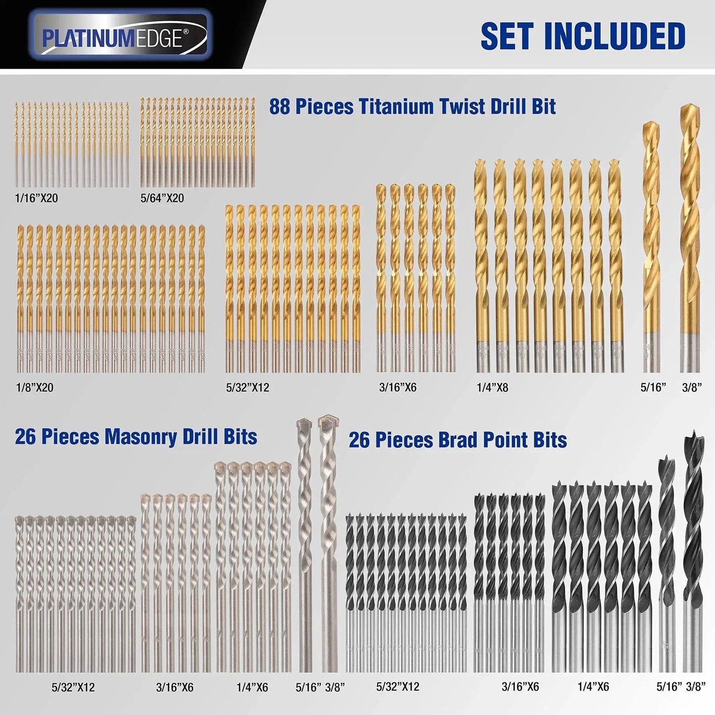 Image showing contents of All In One 140 Piece Drill Bit Set With 88 Titanium Twist Bits 26 Masonry Bits And 26 Brad Point Bits.