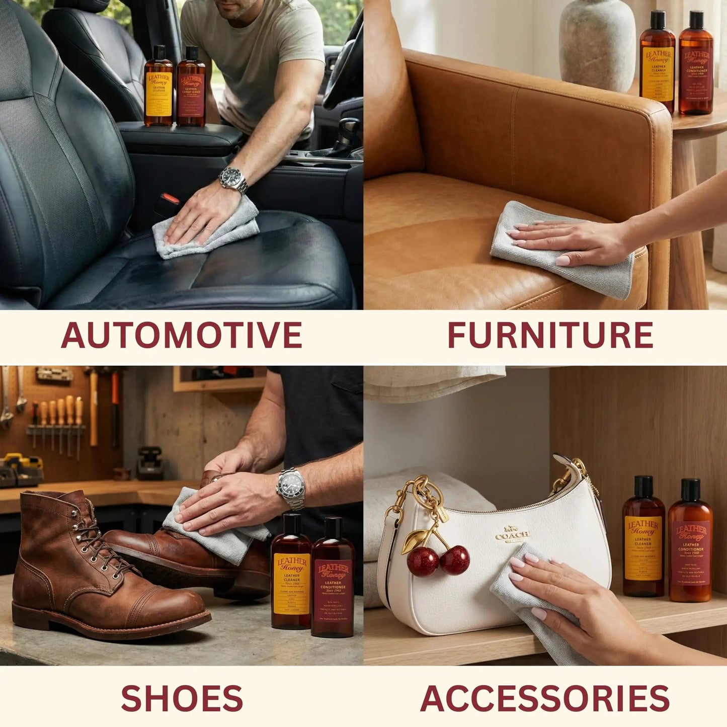 Premium Leather Conditioner That Restores All Leather Items From Auto To Furniture And Shoes Purses And Tack Non Toxic Made In USA 8 Fl Oz Leather Honey used on car seats, furniture, shoes, and accessories.