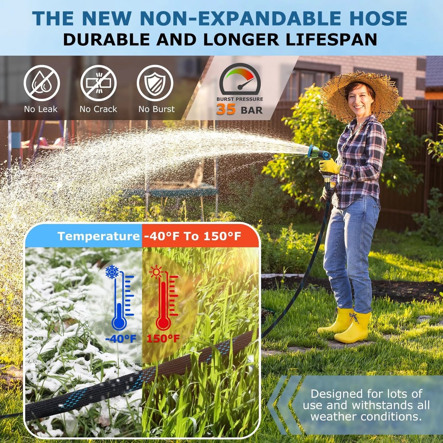 Woman using Non Expanding Garden Hose 100 Ft With Kink Resistant Flex, Lightweight Water Hose, 10 Pattern Spray Nozzle, Leak Proof.