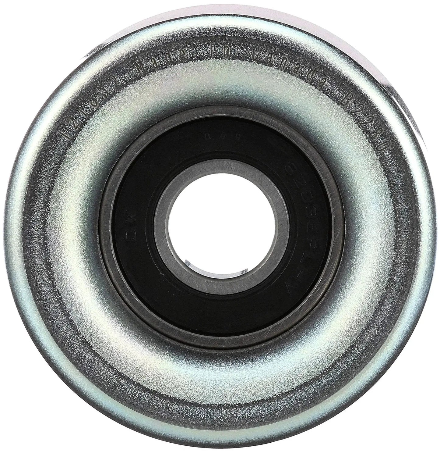 Front view of Drive Align Belt Drive Idler Tensioner Pulley for Most Cars Gates 36173, steel and thermoplastic construction.