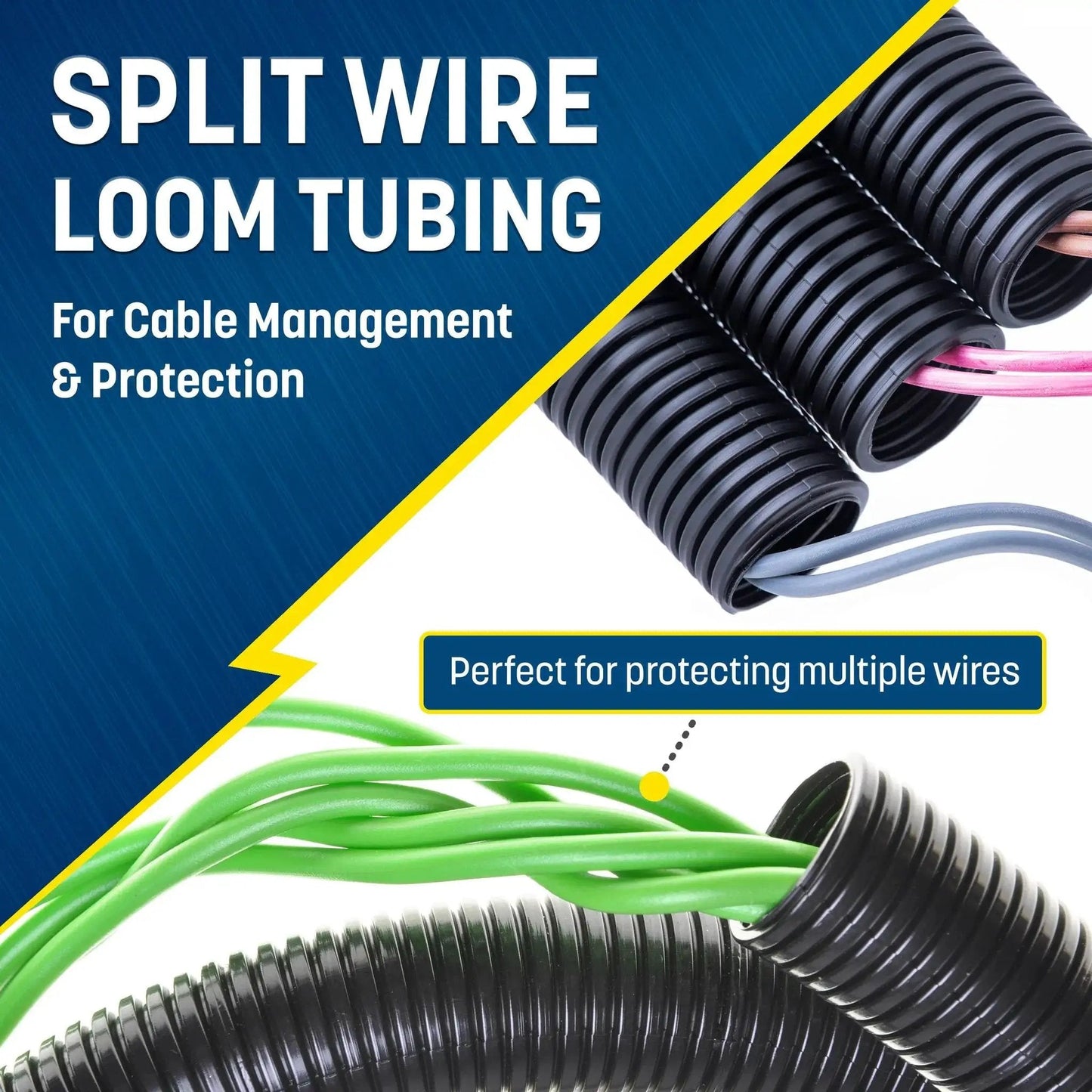 Split Wire Loom Tubing For Auto And Industrial Wires Half Inch By 50 Ft Split Cable Sleeve Protector, multiple wires shown inside tubing.