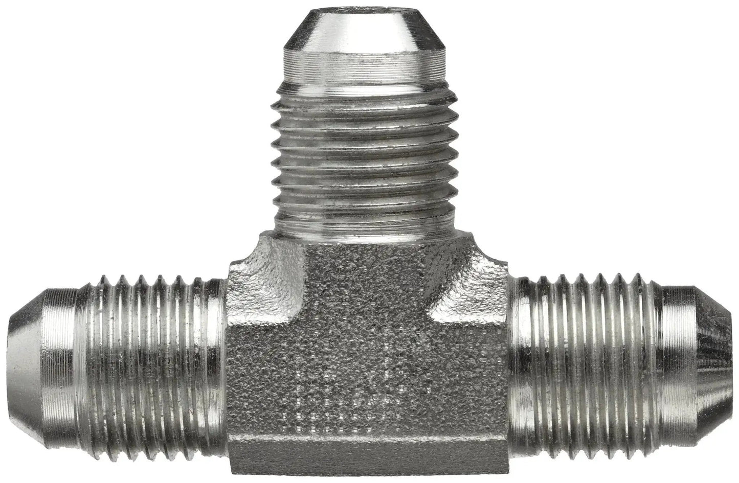 Front view of Forged Steel JIC Flared Tube Fitting Tee Three Eighths Inch Tube OD JIC Male Connector, heavy duty and rust resistant