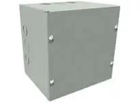 Metal electrical junction box with side knockouts, unlabeled, plain grey finish, viewed at an angle
