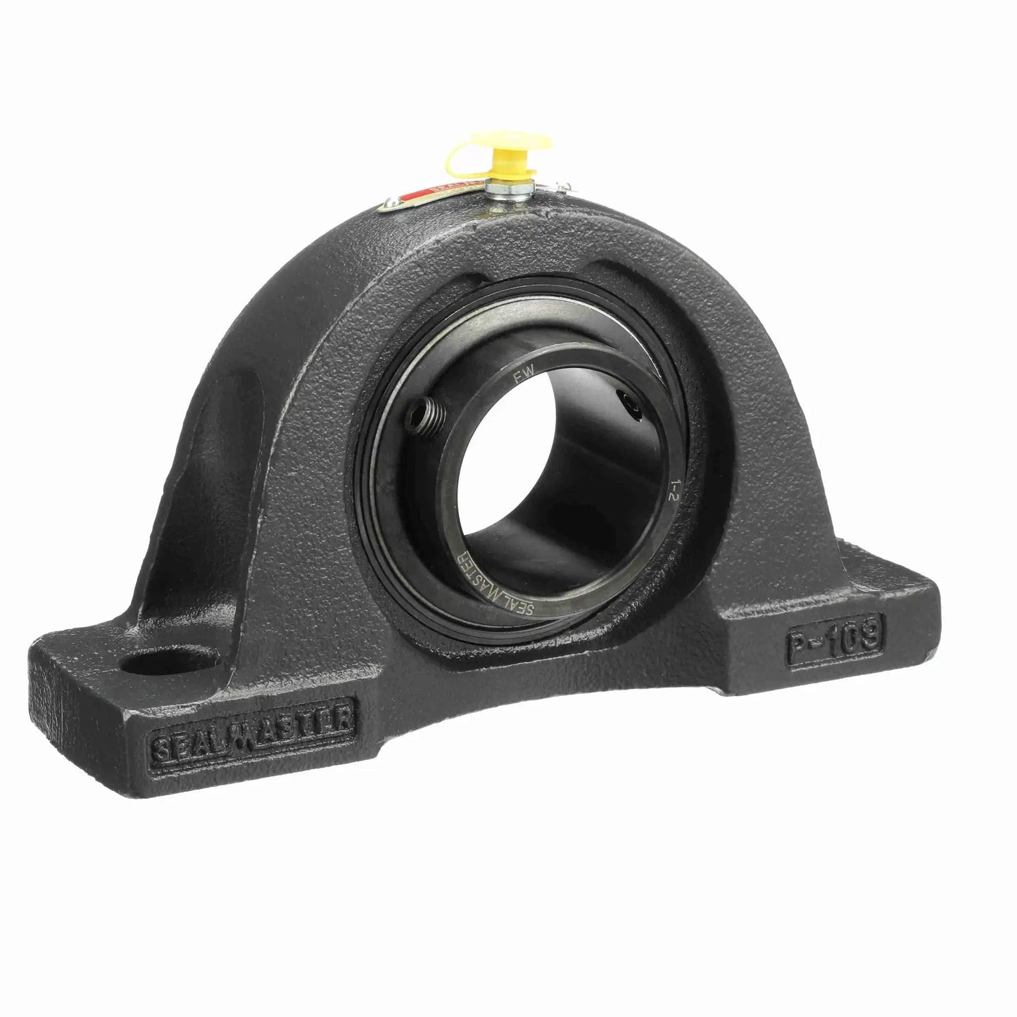 Front view of Mounted Cast Iron Two Bolt Pillow Block Ball Bearing NP 32R With Setscrew Lock Sealmaster Black Oxide Finish Durable Unit
