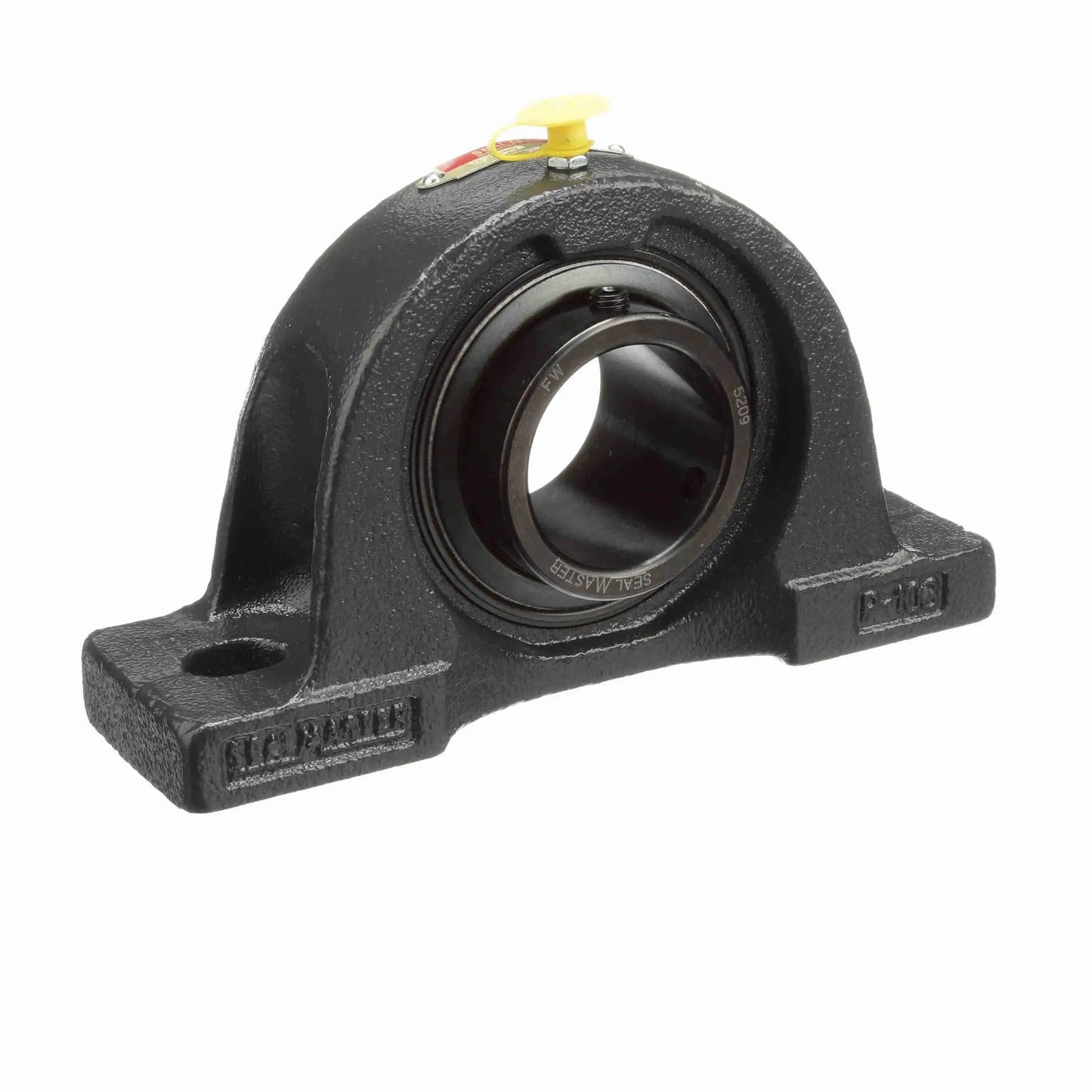 Front view of Mounted Cast Iron Two Bolt Pillow Block Ball Bearing With Setscrew Lock For Normal To Medium Duty Applications Solid One Piece Housing Delivers Maximum Strength And Rigidity Black Oxided Finish Sealmaster NP29