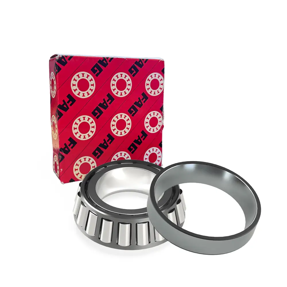 Experience reliable performance with the FAG 32230 tapered roller bearing, showcasing bearing and packaging in the image.