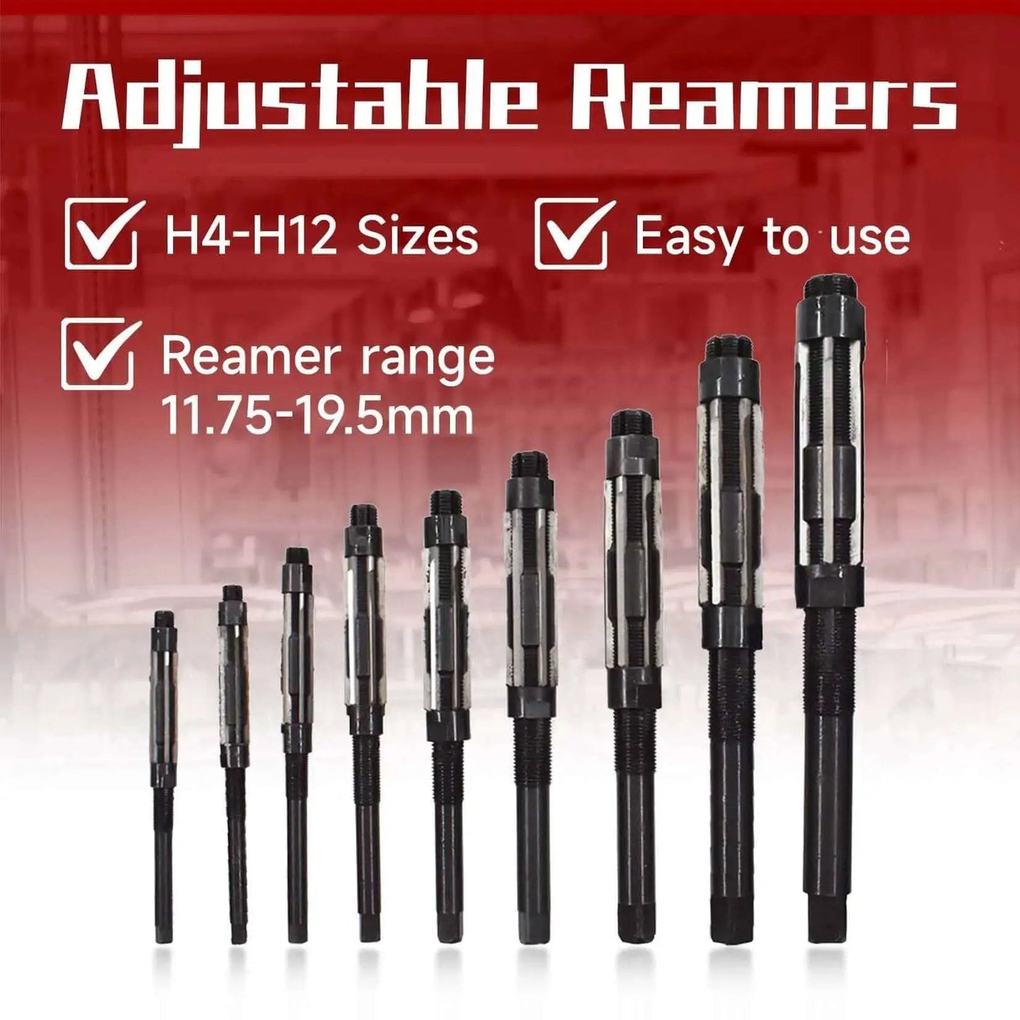 Adjustable Hand Reamer Set, 9 Piece High Speed Steel Reamers Ranging From 15/32 Inch To 1-3/16 Inch, Straight Flute, A Handy Pro Grade Kit For Drilling Machines And Other Gear Findmall displayed with size range 11.75-19.5mm, H4-H12 sizes showcased.