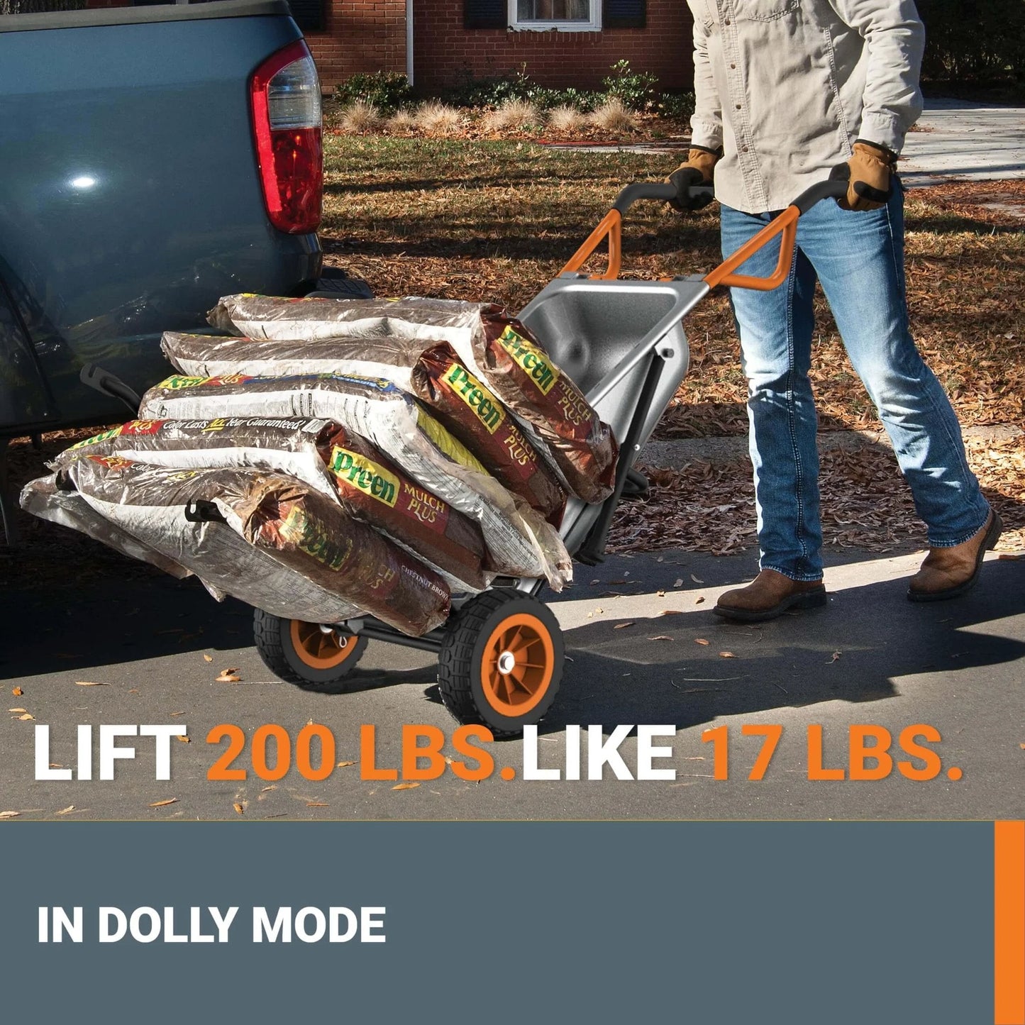 Person using 8 in 1 Heavy Duty Aerocart Garden Cart Wheelbarrow Dolly with Turbo Lift Design and Flat Free Tires to move mulch bags.