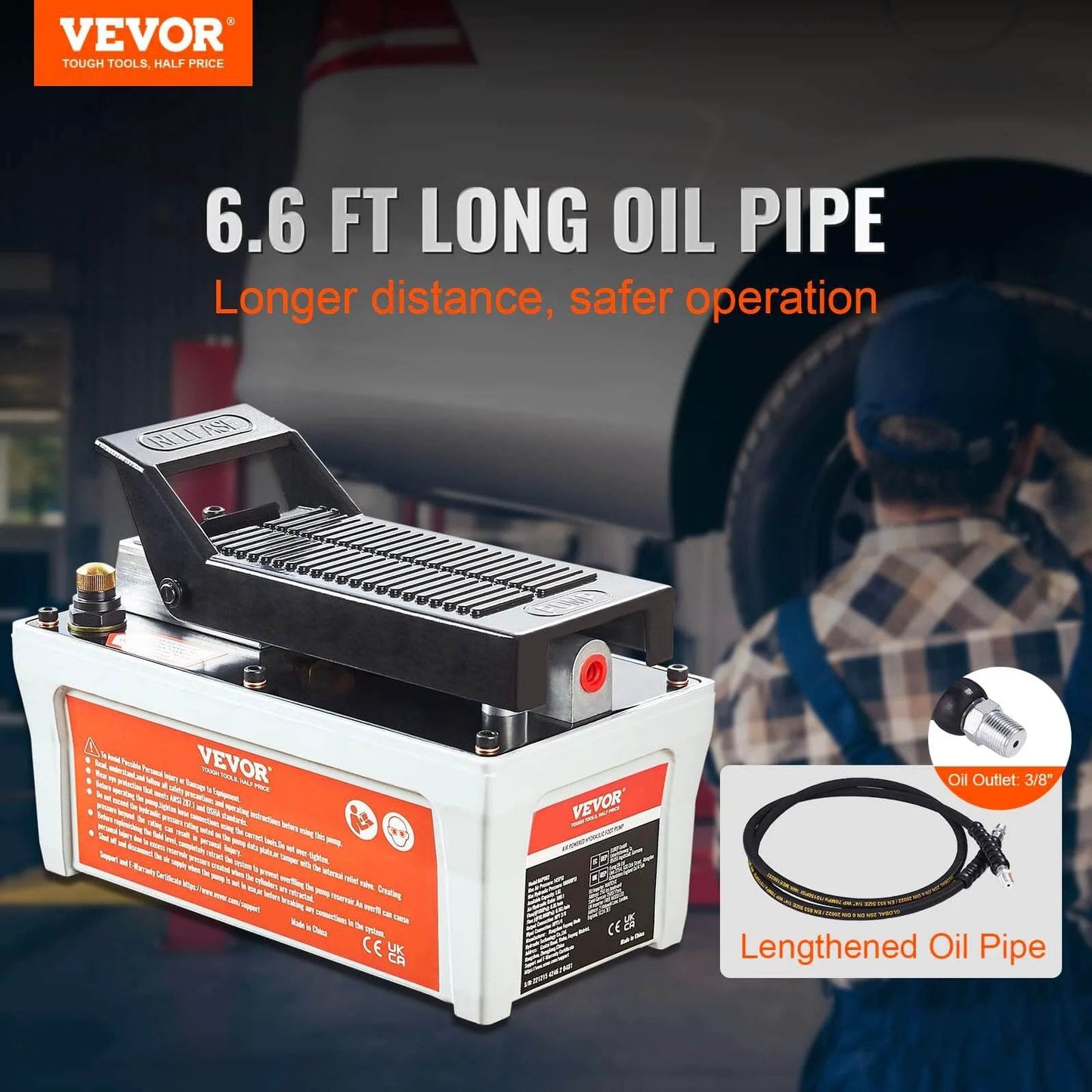 Air Hydraulic Pump, 10,000 PSI 1/2 Gal Reservoir, NPT 3/8" Oil Outlet, NPT 1/4" Inlet, 6.6 ft Pipe, Foot Actuated, shown in workshop