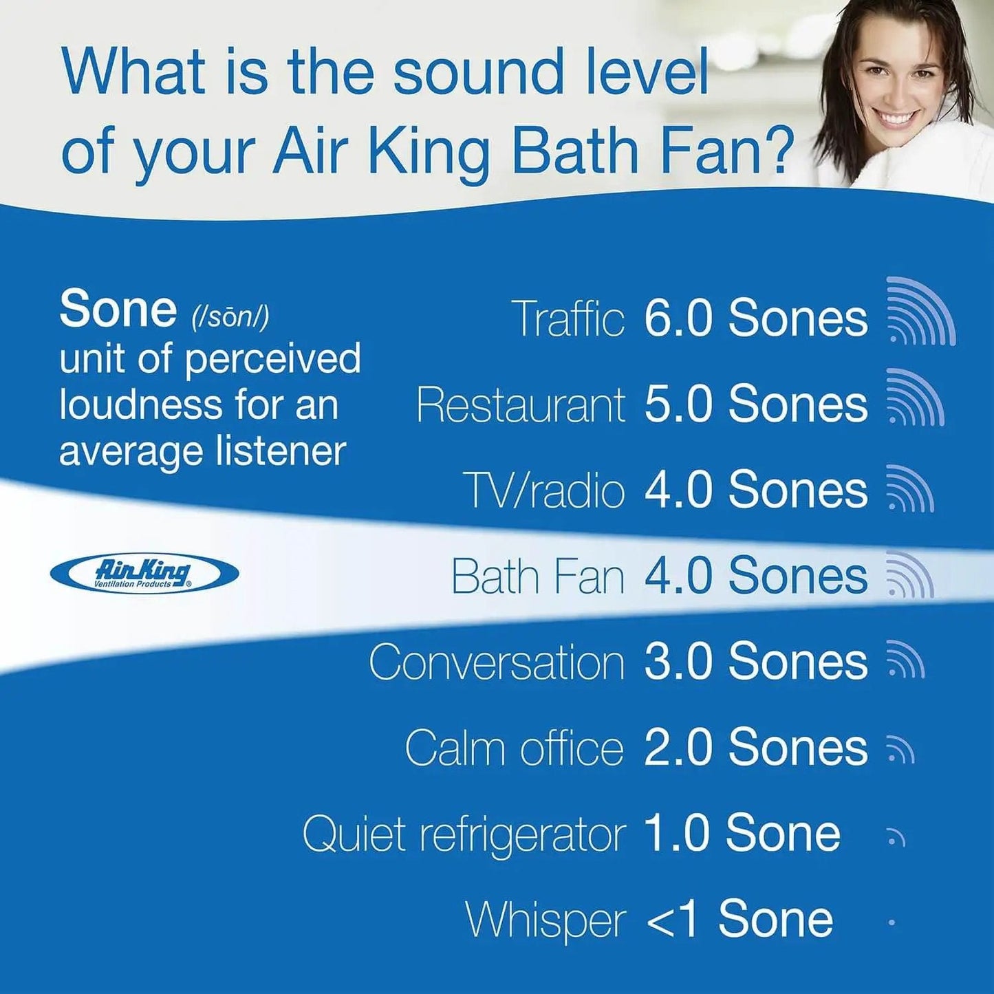 Chart showing sound levels in sones for various environments including Air King Bath Fan at 4.0 sones, with smiling person.