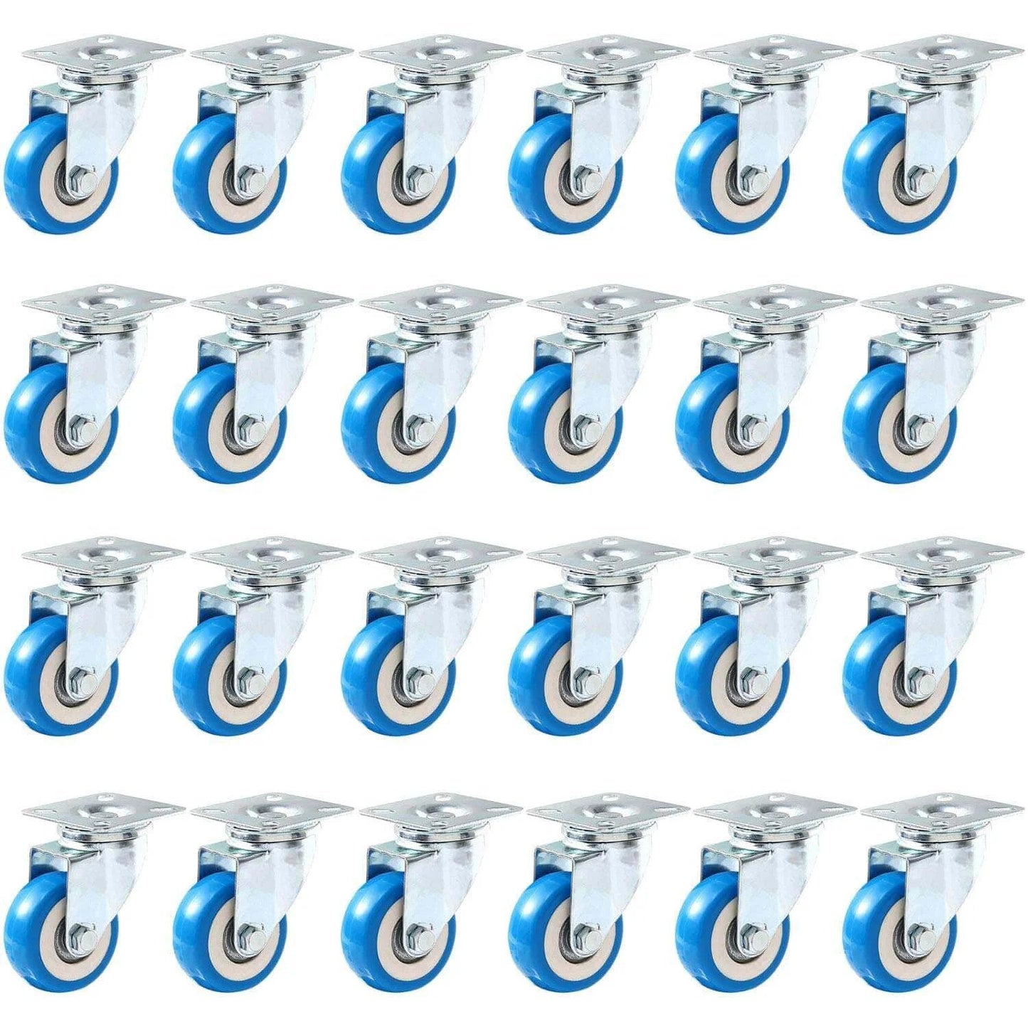 24 pack caster swivel plate with blue polyurethane wheels, 2 inch swivel casters with no brake designed for smooth and floor-safe movement