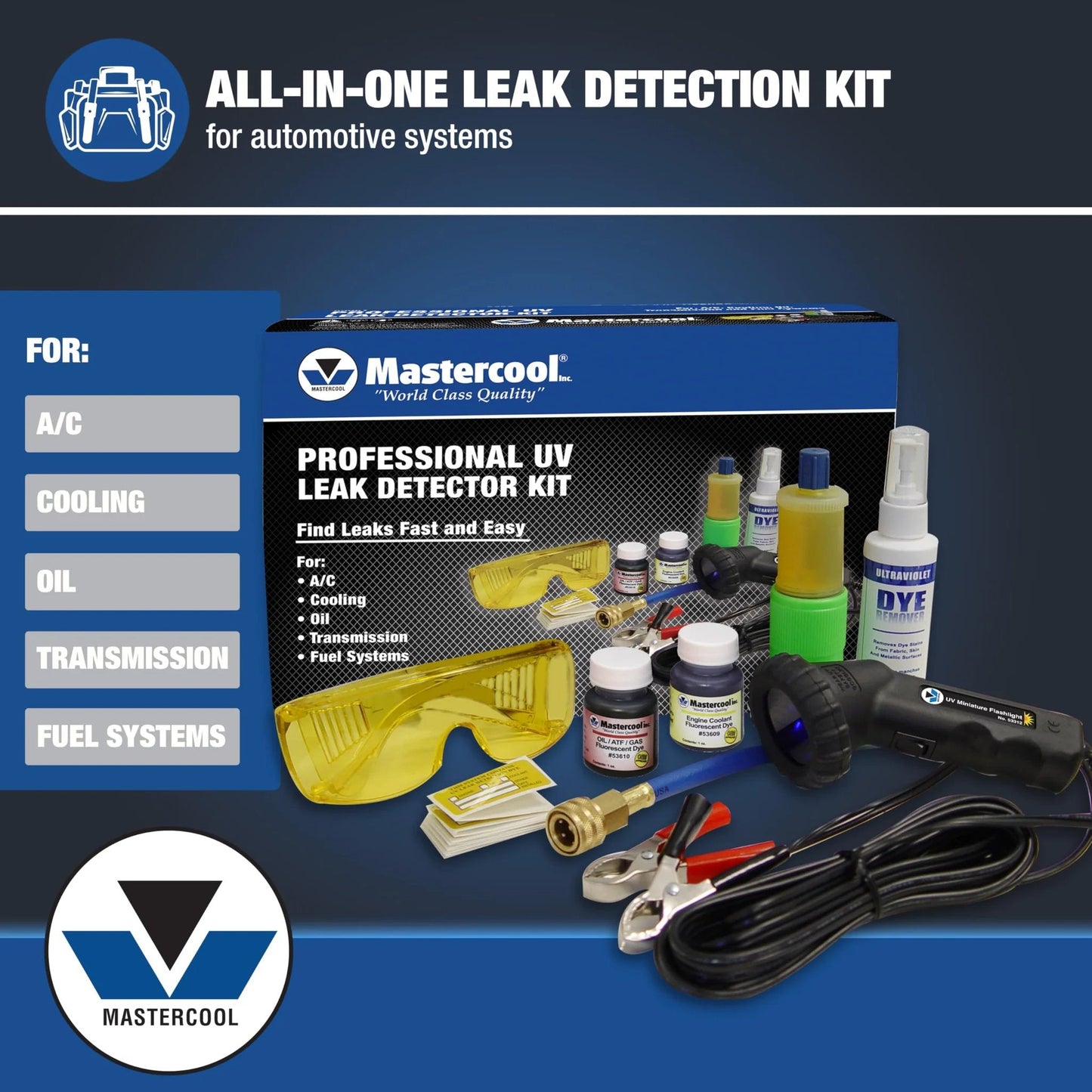 All In One UV Leak Detection Kit For Automotive And HVAC Systems Mastercool 53351 showing tools, glasses, and bottles included in the kit.