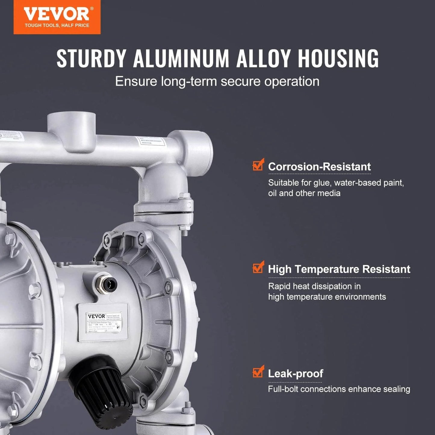 Air Operated Double Diaphragm Pump with sturdy aluminum alloy housing for diesel, grease, oil transfer, 44GPM, max 115PSI.