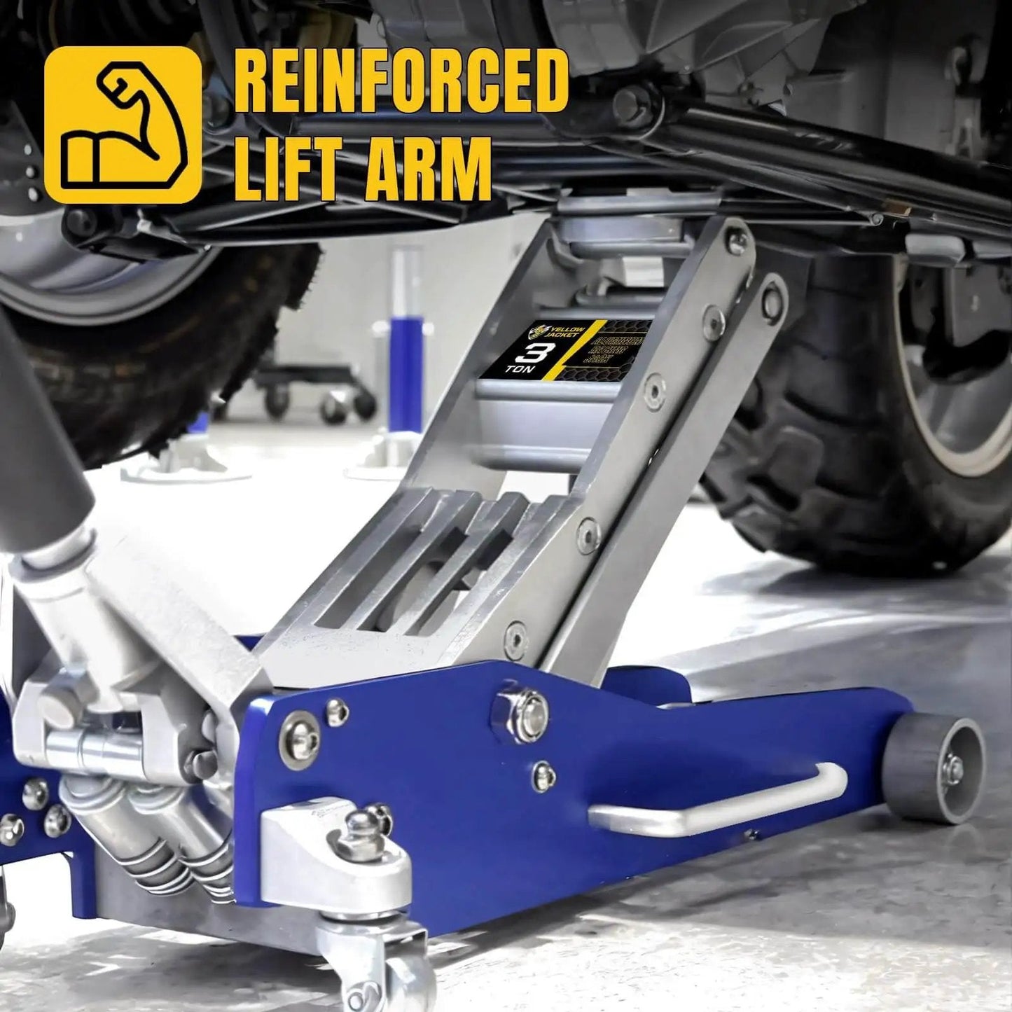 Beefy Ultra Lightweight 3 Ton Aluminum Floor Jack With Quick Rise Dual Pump in blue lifting a vehicle by Yellow Jacket