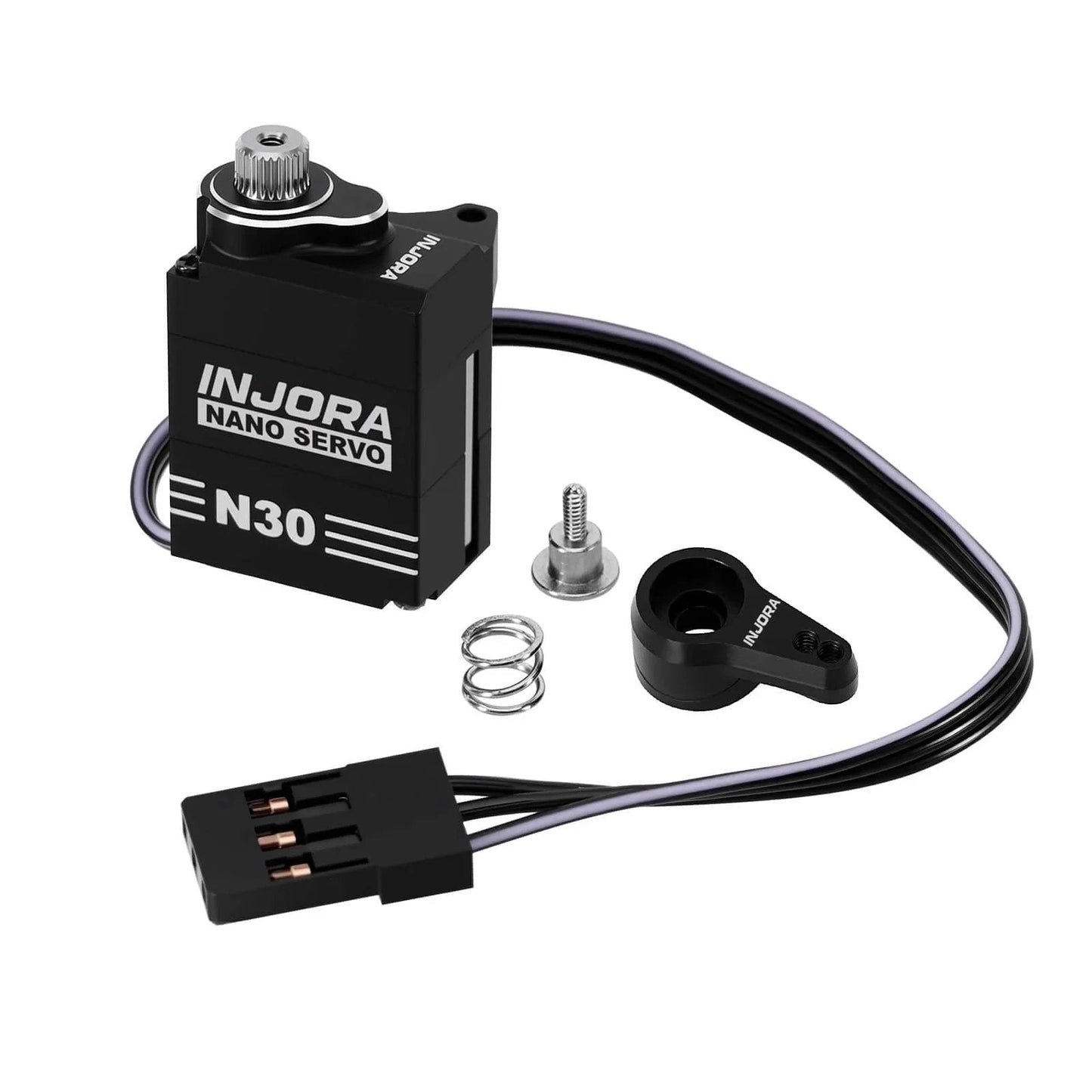 Aluminum N30 Nano Servo with Servo Saver for 1/30 Axial SCX30, featuring CNC aluminum case, metal gears, and spring saver.