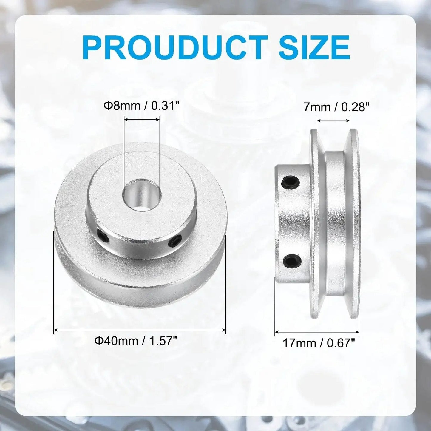 Diagram of fixed-bore aluminum pulley with an 8mm bore and 40mm OD, 7mm groove suitable for 5-6mm PU belts, silver finish.