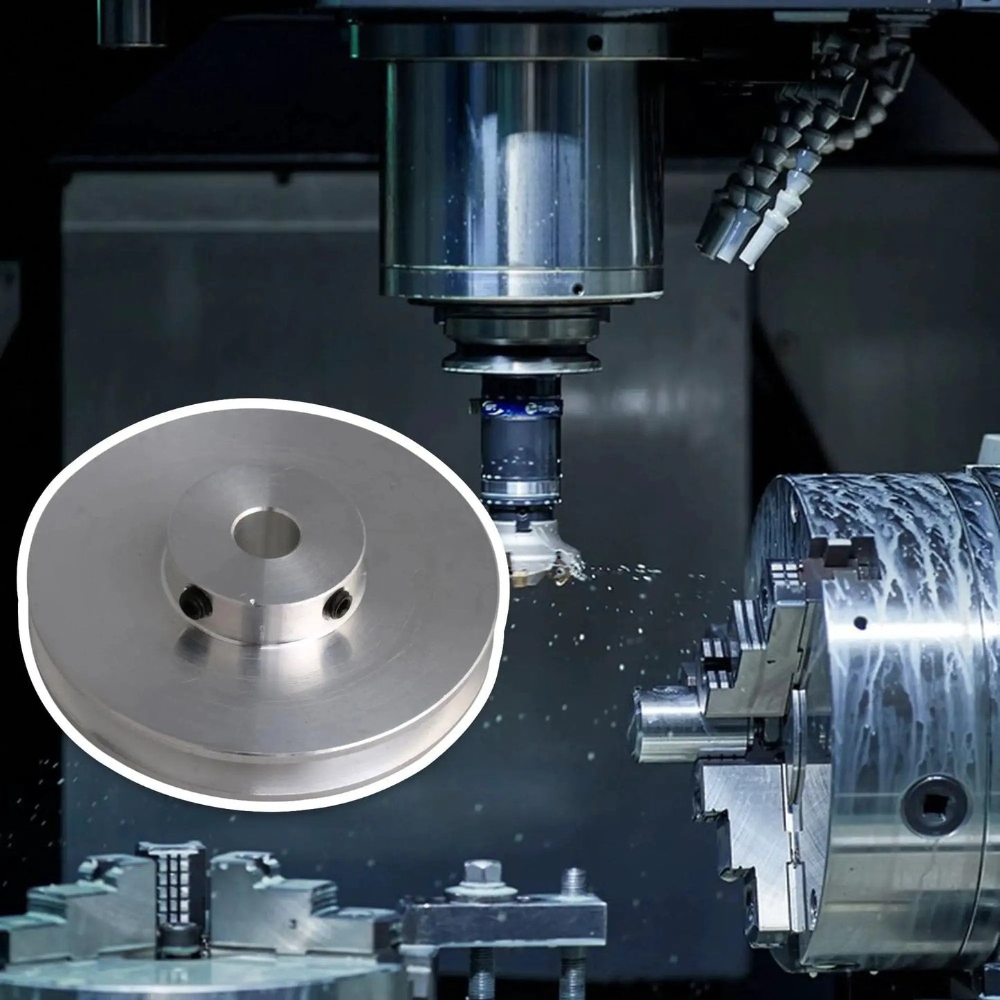 Durable aluminum single groove pulley designed for compact drilling and milling setups; 58mm diameter, 16mm thick, 8mm bore in action.