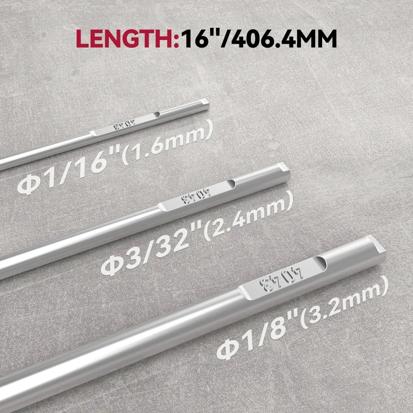 ER4043 Aluminum TIG Welding Rod Filler Wire in 3/32 inch diameter showing different sizes with 16 inch length.