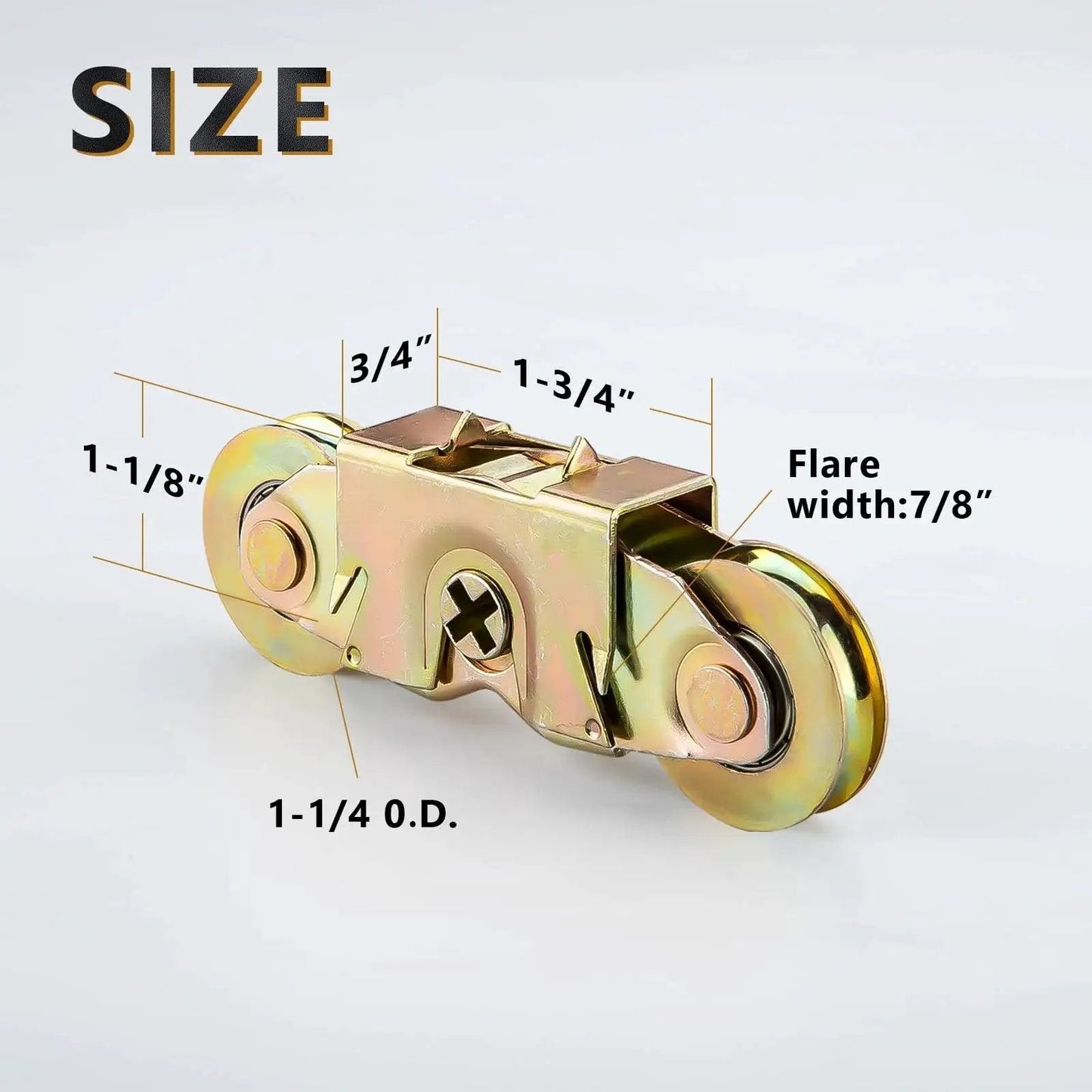 Sliding Patio Door Tandem Roller Assembly For Andersen Doors Compatible With Andersen Sliding Door Rollers Replaces Part 1273704 1964 1982 To Present Two Rollers With One And A Quarter Inch Bearing, stamped steel with adjustable sides, measurements shown.