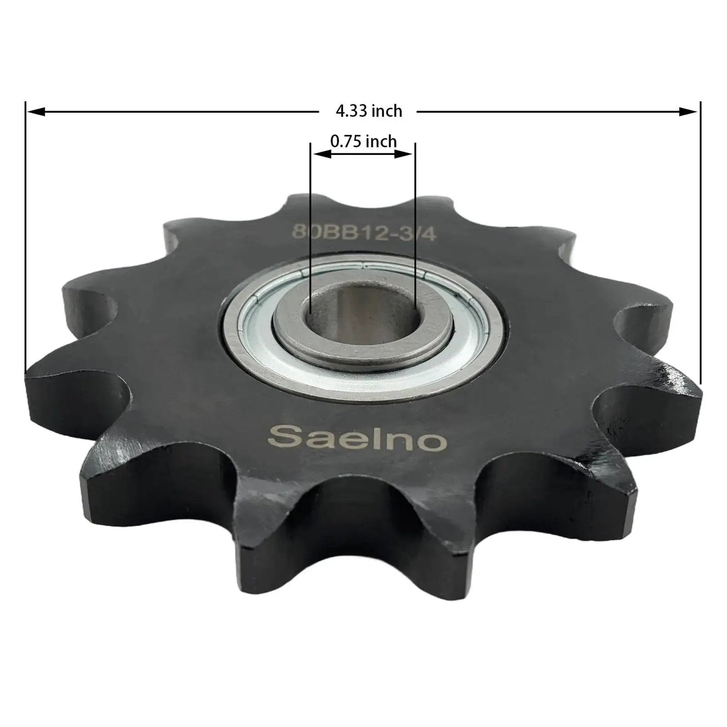 Front view of Heavy Duty ANSI 80 Roller Chain Idler Sprocket Type C With Bearing Three Quarter Inch Bore Twelve Tooth Hardened 1045 Carbon Steel Blackened Surface