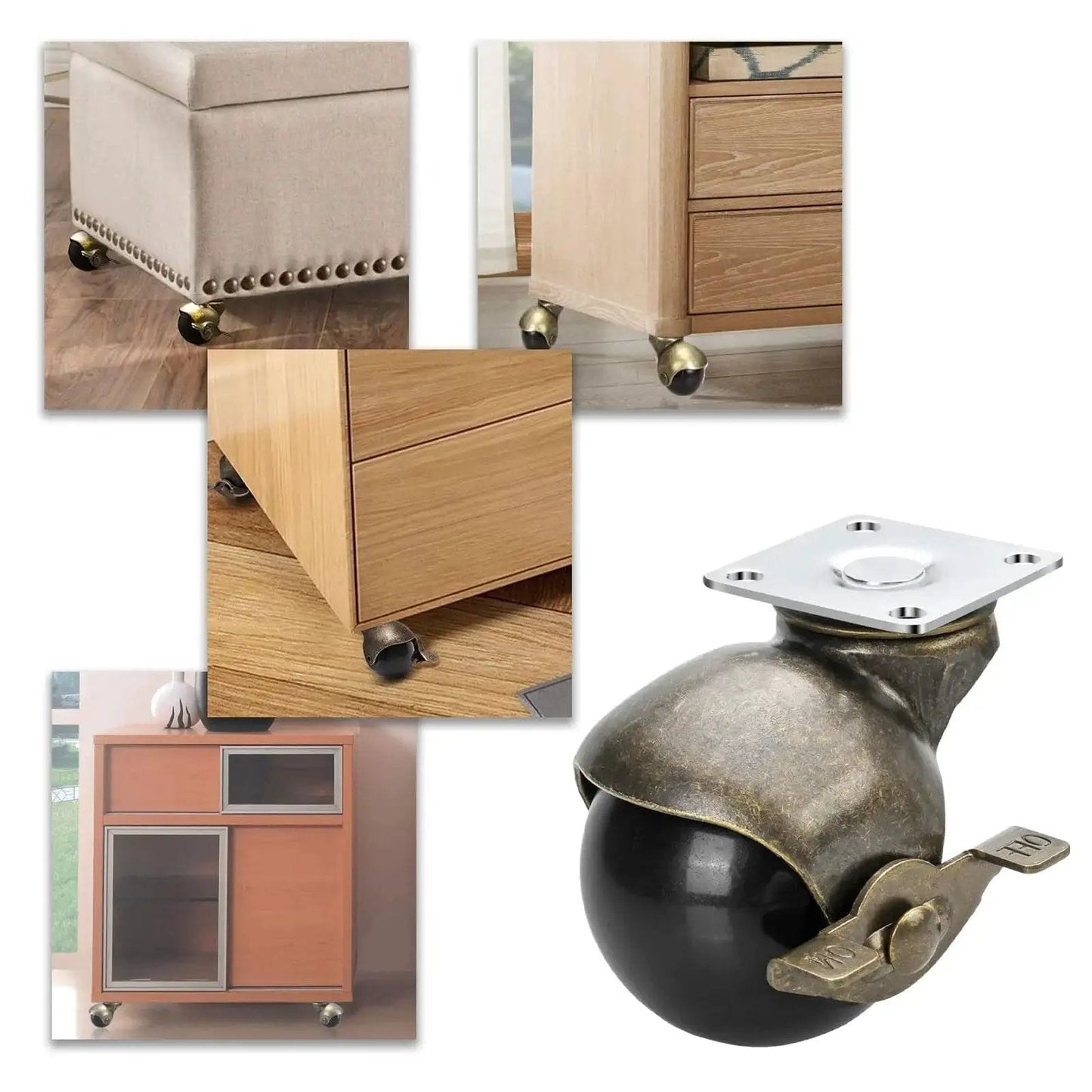 Collage of 2 Inch Antique Brass Ball Casters With Brake Set Of 4 used on diverse furniture pieces for smooth movement and floor protection.