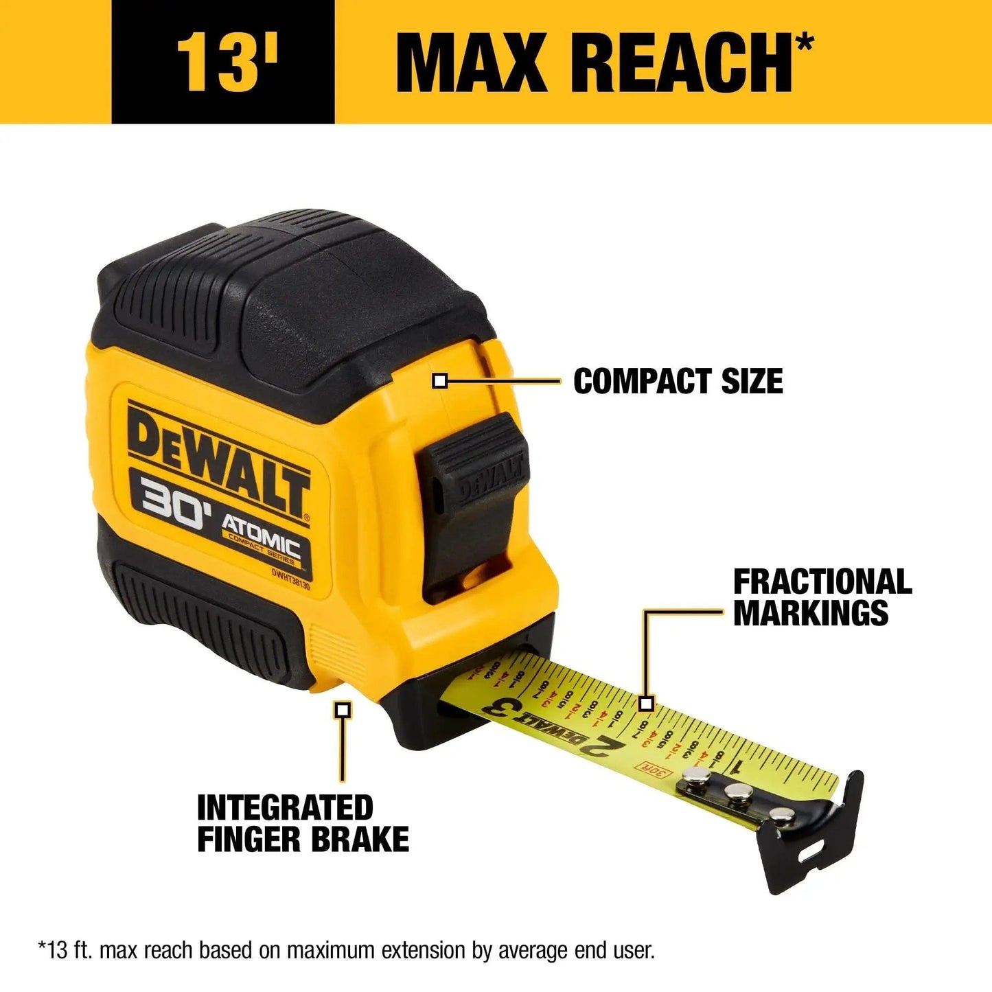 Atomic Compact 30 Ft Tape Measure With Finger Brake For Precision And One Hand Quick Measurement showing 13 Foot Reach and features