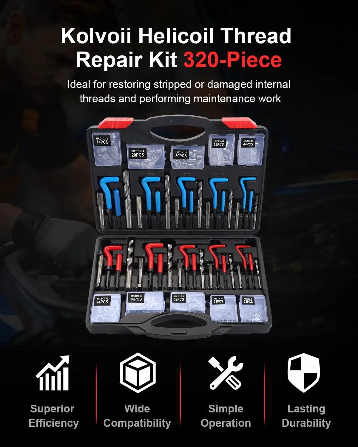 Must Have Ultimate Auto Thread Repair Kit With 320 Piece Set for SAE and Metric Sizes from One Quarter Inch to M12 in case
