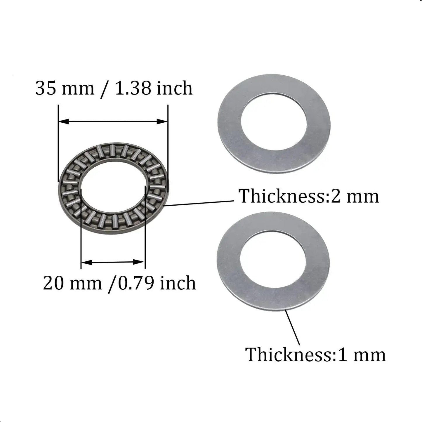 Heavy Duty Workhorse Thrust Needle Roller Bearing Set With Washers AXK2035, 20mm Bore, 35mm Outer Diameter, 2mm Width, steel cage.